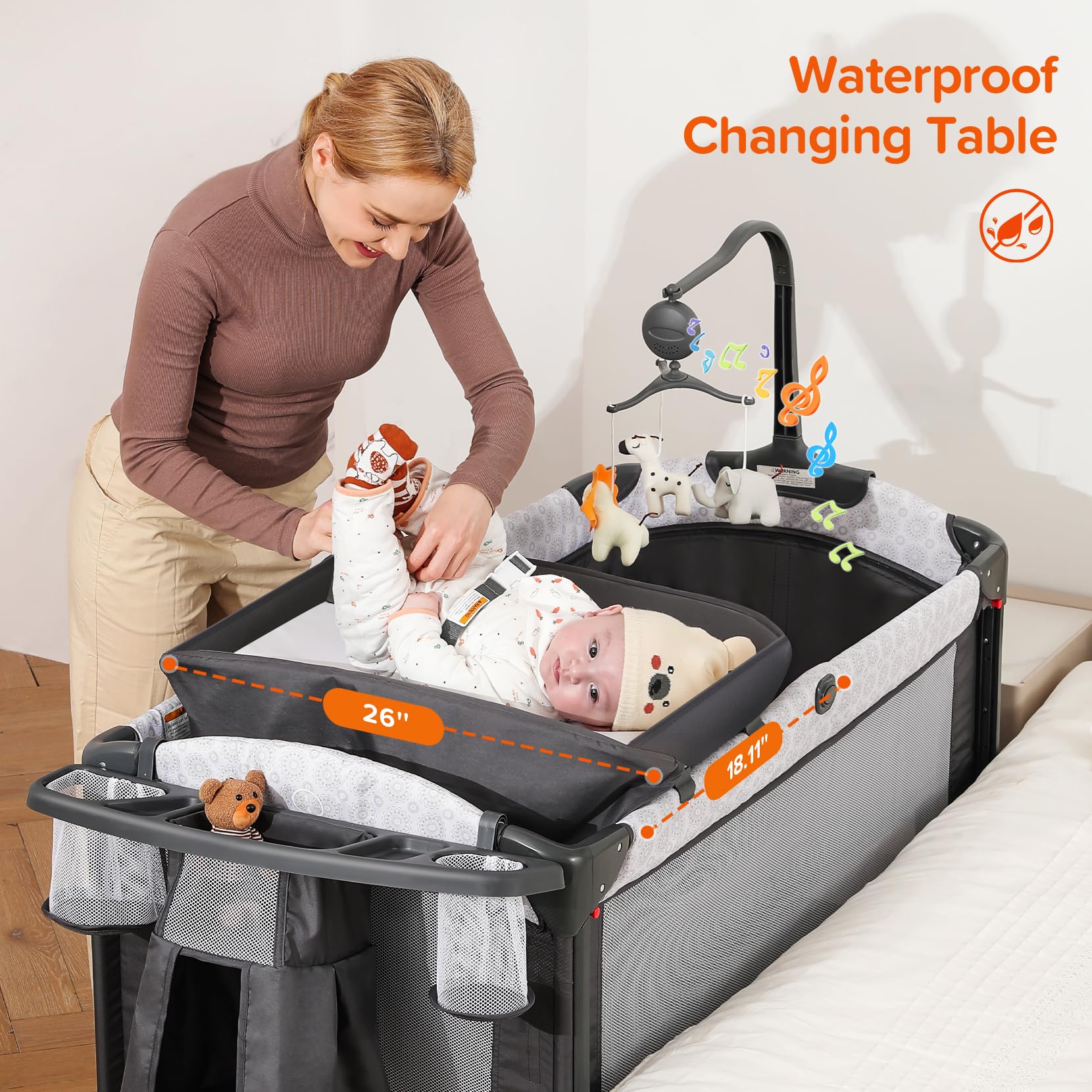 ELEMARA 4-in-1 Wide Baby Bassinet Bedside Sleeper with Diaper Changer | Adjustable Height Crib with Mattress, Sheet, Music & Blackout Cover | Playpen Travel Bed with Storage | XL Co-Sleeper for Newborns | Perfect for Nursery, Bedroom & Travel Use