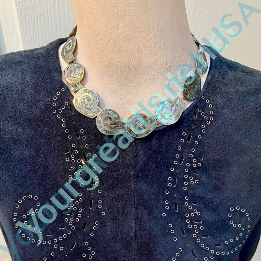 Vintage Mexican Sterling Silver and Abalone Shell Swirl Necklace - Handmade Jewelry for Women, Boho Chic Pendant Necklace - Perfect for Beach Weddings, Date Nights & Festival Outfits