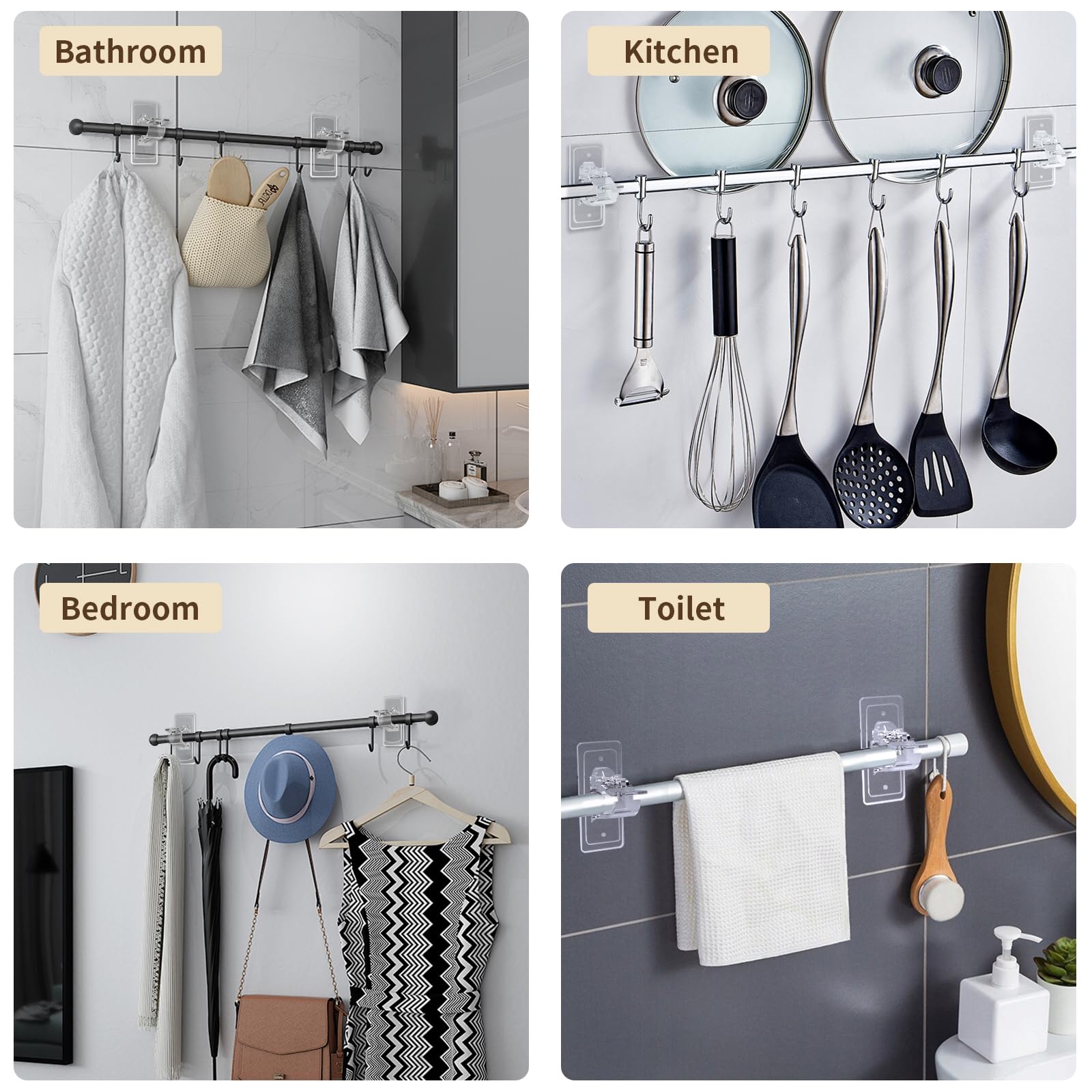 6-Piece No-Drill Curtain Rod Brackets - Heavy Duty Self-Adhesive Hooks with Screws, 2 Installation Methods (Adhesive or Screws), Nail-Free Curtain Hangers for Bathroom, Bedroom, Living Room - Perfect for Renters & Temporary Window Treatments