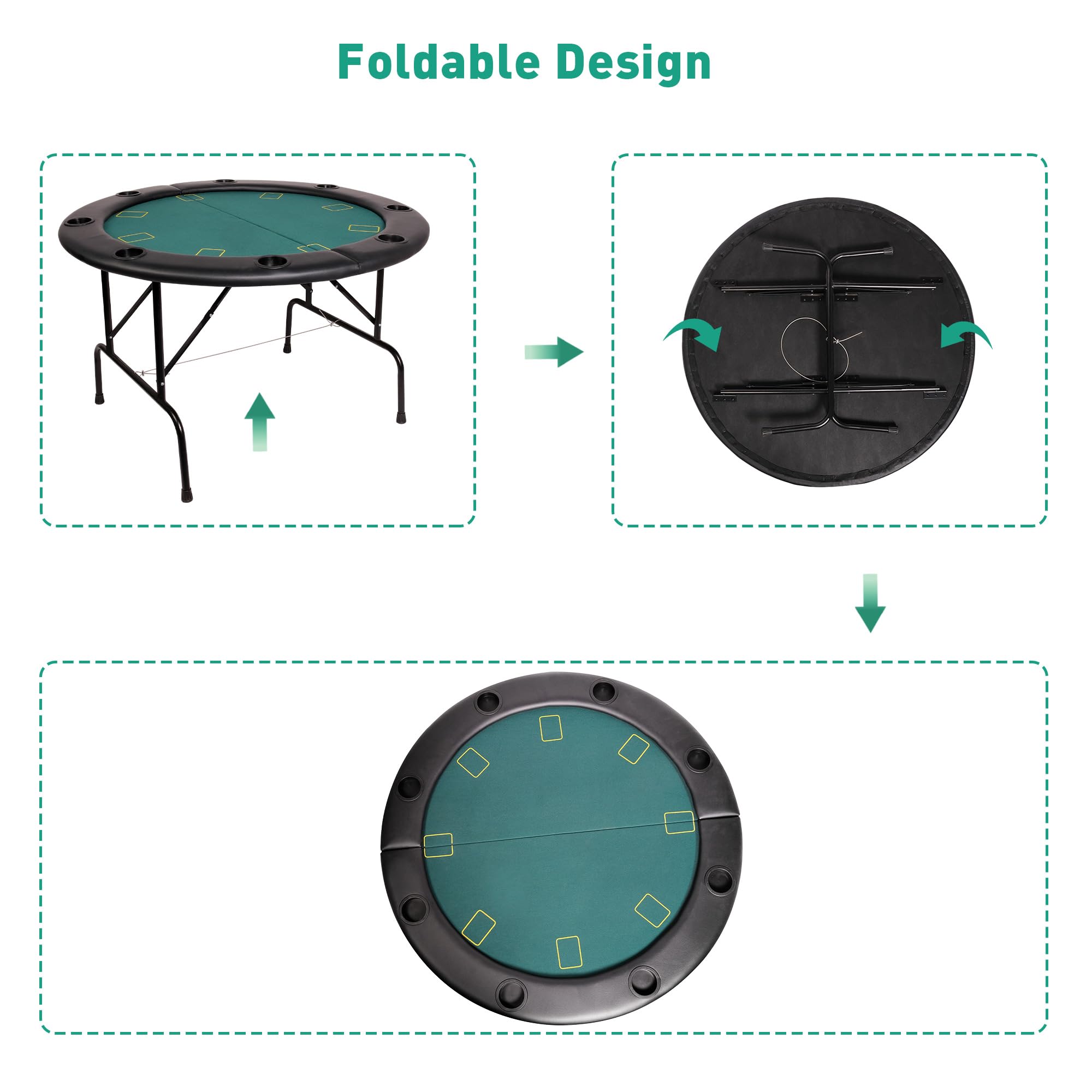 8 Player Round Foldable Poker Table - Portable Texas Hold'em & Blackjack Game Table with 8 Cup Holders, Padded Rails - Casino Style Folding Card Table for Home Games & Parties (Green) | Perfect for Poker Nights, Casino Themed Events & Family Game Gatherings