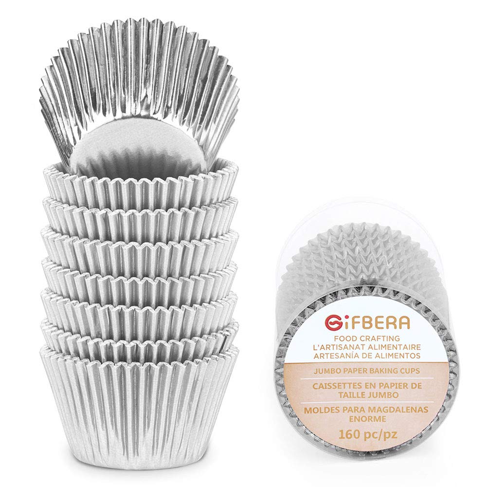 Gifbera Silver Foil Jumbo Cupcake Liners - 160 Count Metallic Muffin Baking Cups for Party, Wedding & Holiday Desserts