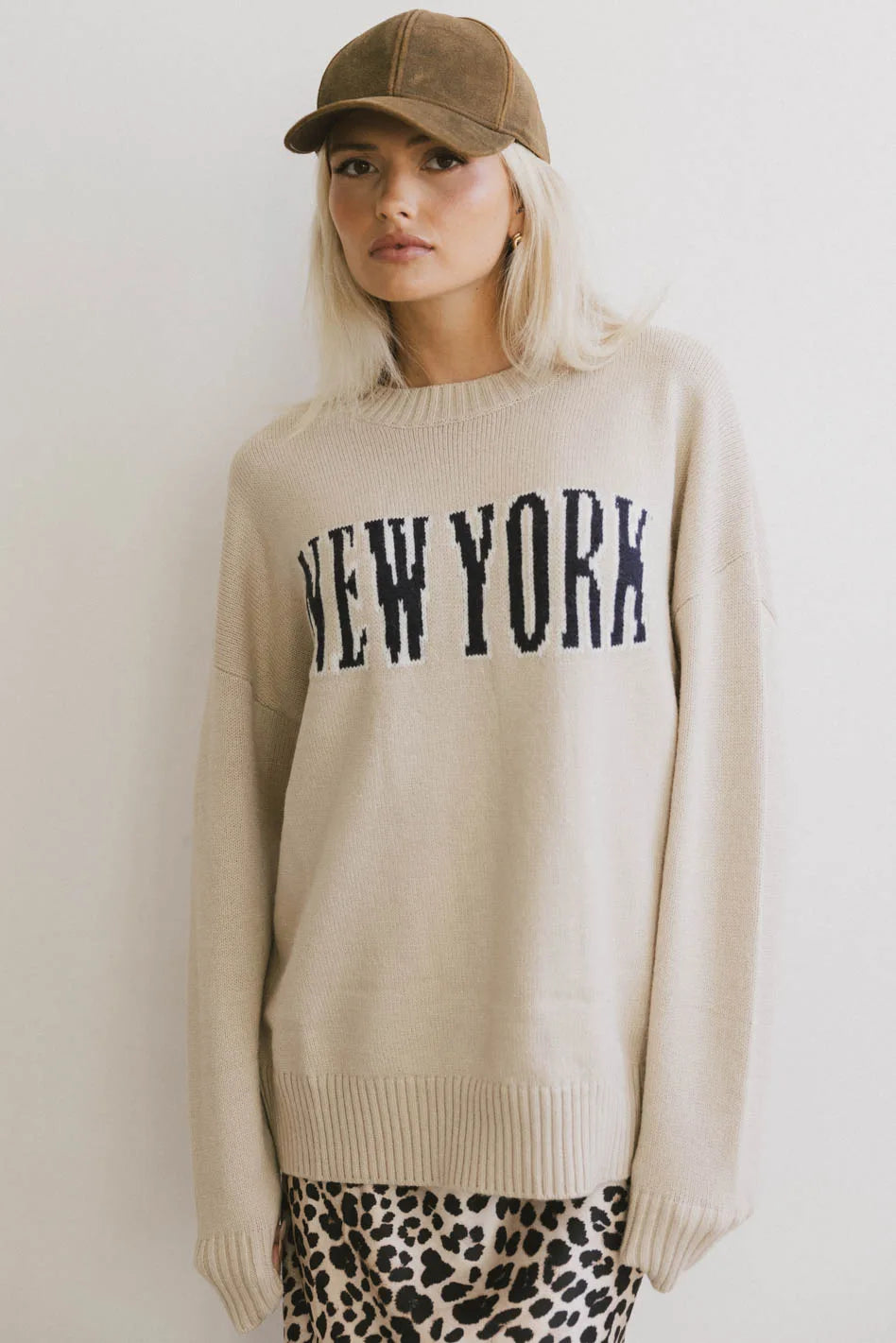 New York Crew Neck Sweater in Cream | Soft Cotton Knit Pullover | Casual Winter Wear for Men & Women | Perfect for Office, Travel & Holiday Outfits