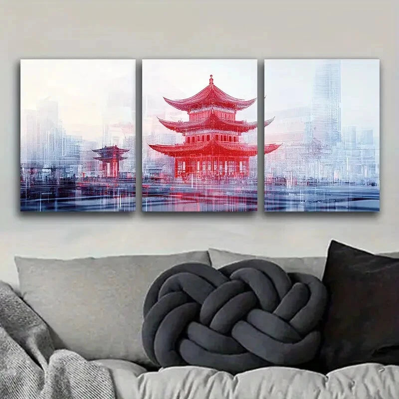 3pcs Chinese Style Pagoda Art Painting - Metal Print Wall Decor Ready to Hang - Perfect for Living Room, Bedroom & Office Decor
