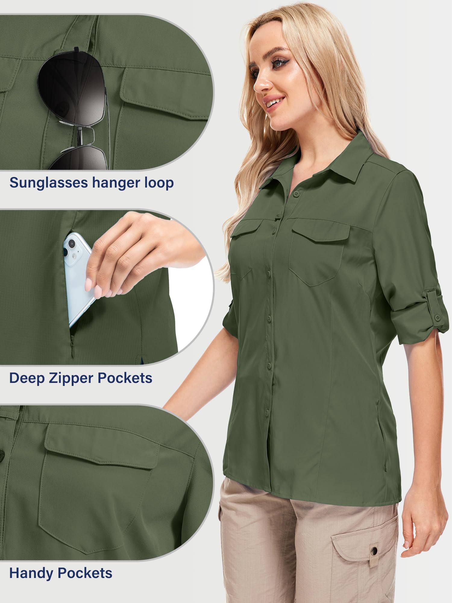 UPF50+ Sun Protection Fishing Shirts for Women & Men - Long Sleeve Travel & Safari Work Shirts with Zipper Pockets - Perfect for Outdoor Activities, Hiking, and Beach Vacations