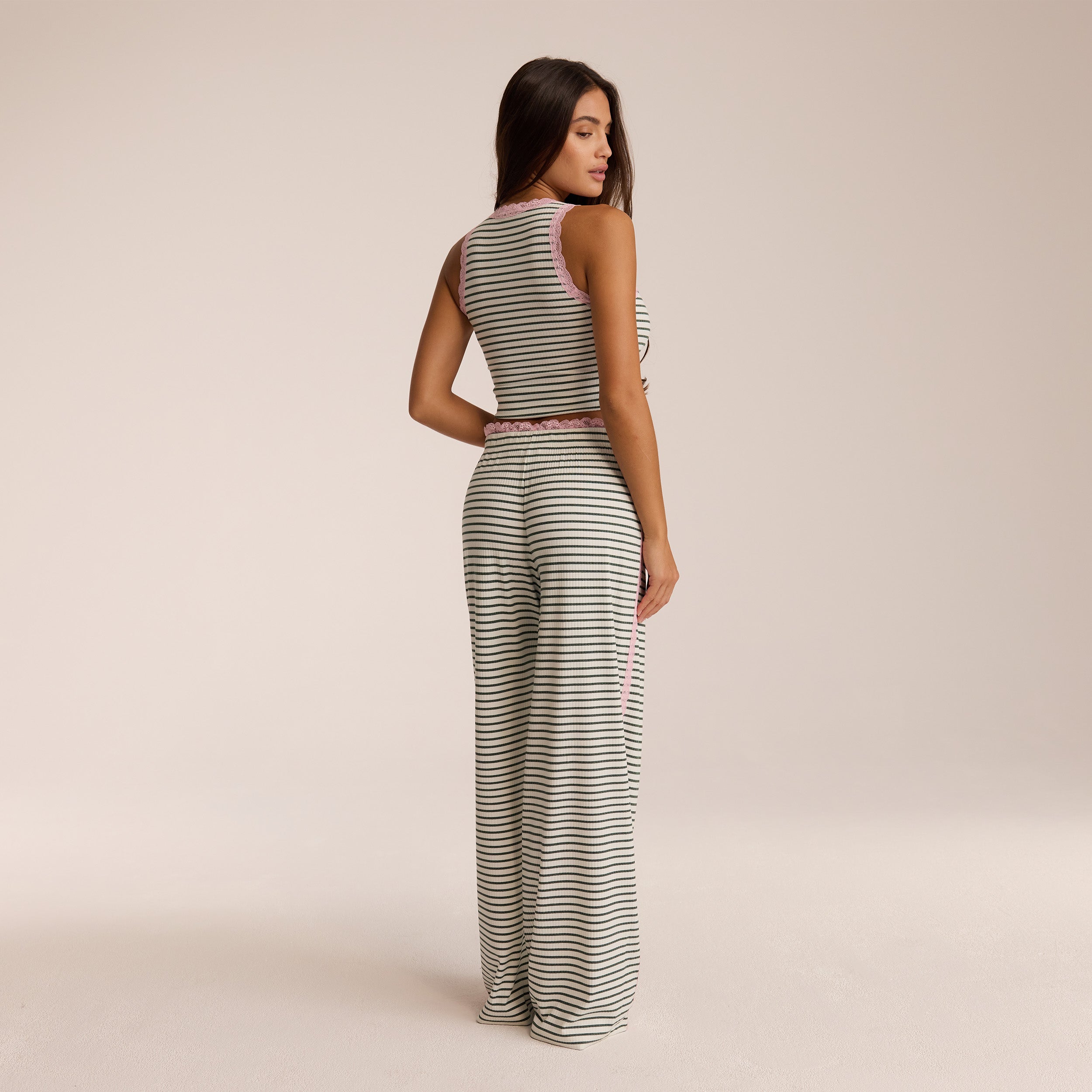 Green Stripe Lace Pajama Bottoms for Women - Soft & Comfortable Sleepwear for Nightwear, Lounge & Relaxation