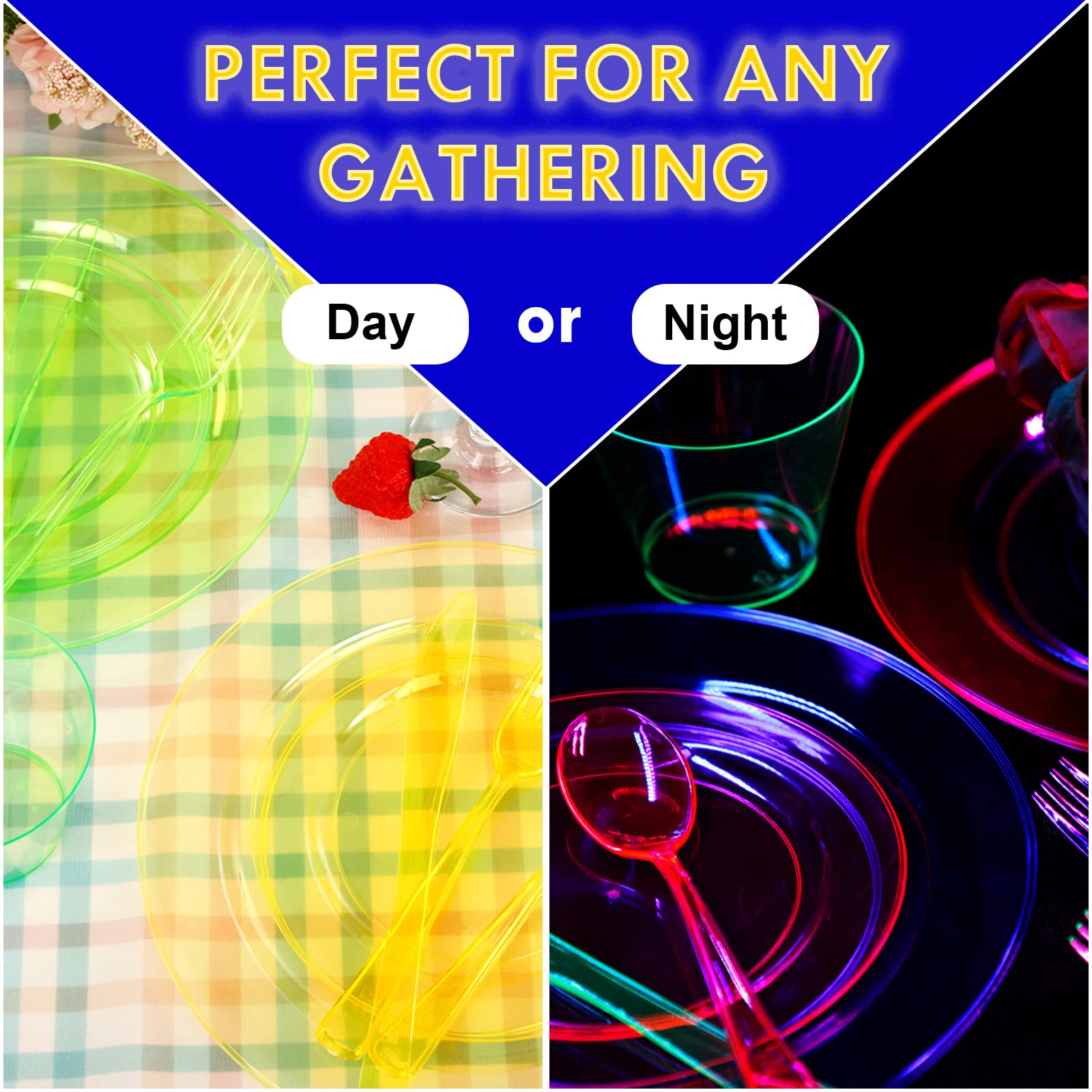 Supernal 216-Piece Neon Party Supplies Set - Disposable Hard Plastic Plates, Cups, Cutlery (Forks, Knives, Spoons) in Vibrant Neon Pink, Blue, Green & Yellow - Perfect for Birthday Parties, Halloween Celebrations, Rave Events & Glow-in-the-Dark Themed Gatherings