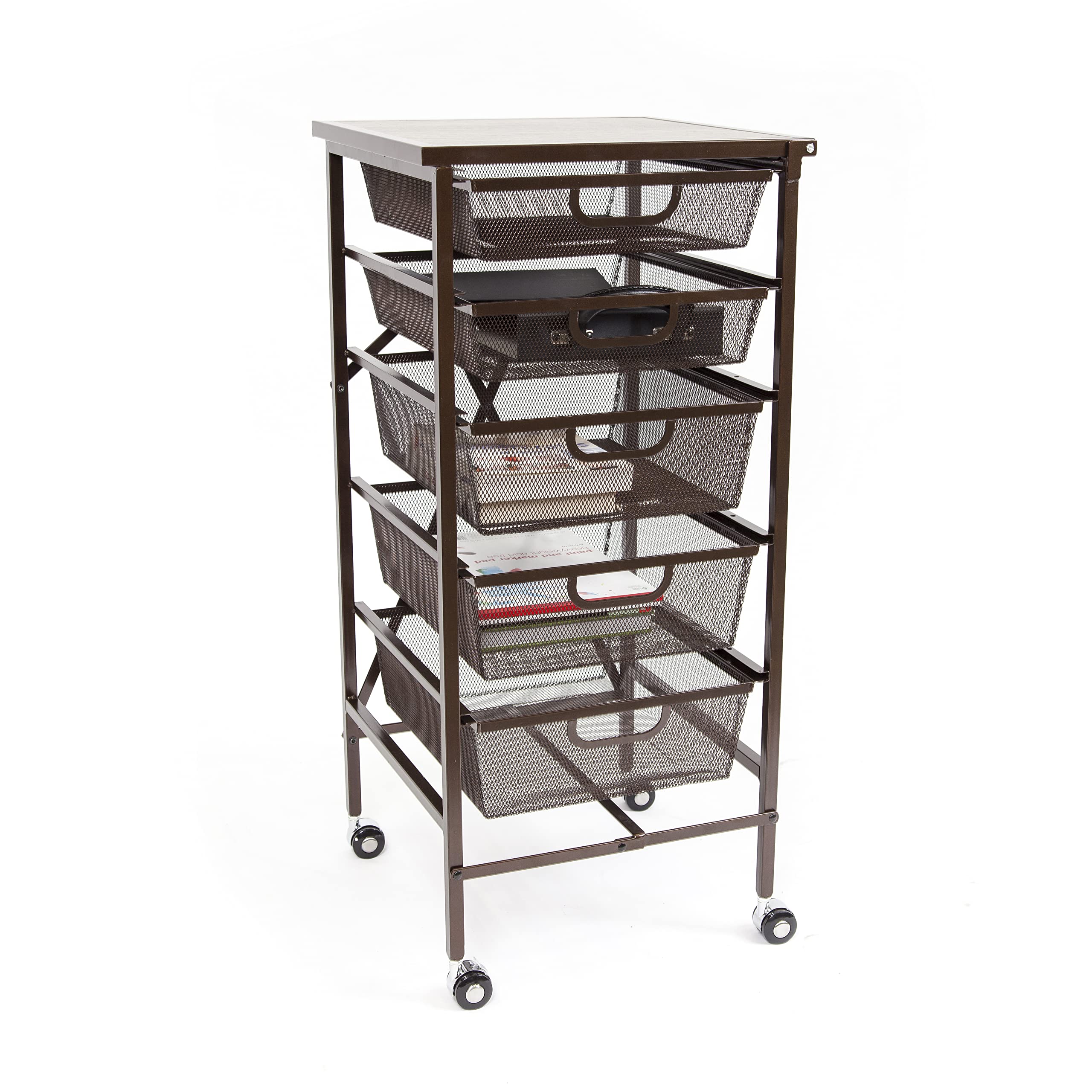 5-Tier Origami Rolling Storage Cart with Wooden Top - Mobile Craft Organizer with Wheels for Home Office, Classroom, School, Art Supplies & DIY Projects (Bronze) - Perfect for Scrapbooking, Sewing & Homeschool Organization