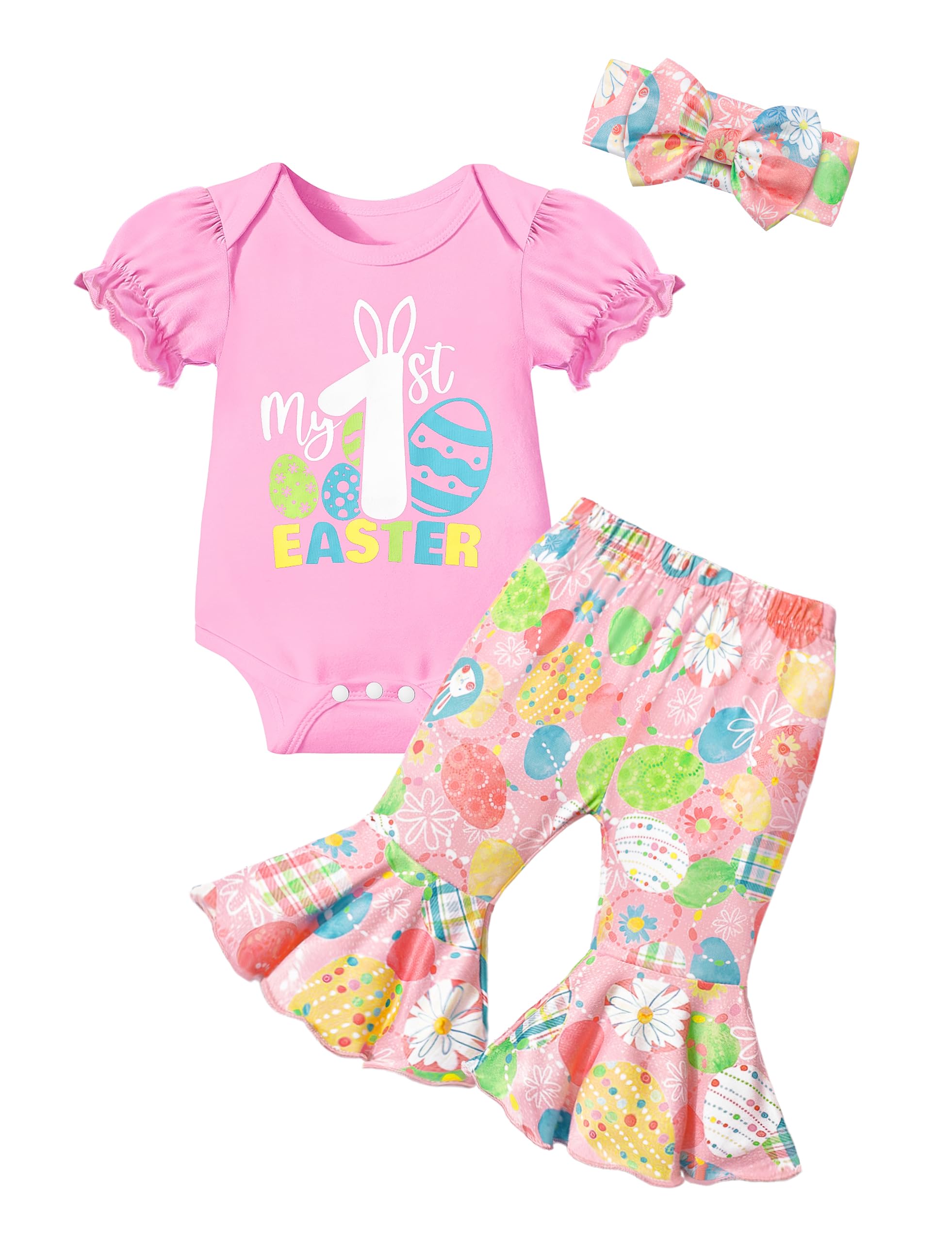 4pcs Baby Girl Clothes Set - Newborn Ruffle Romper Outfits with Bell Bottoms & Headband | Cute Infant Fashion Gift for Photoshoots, Parties & Daily Wear