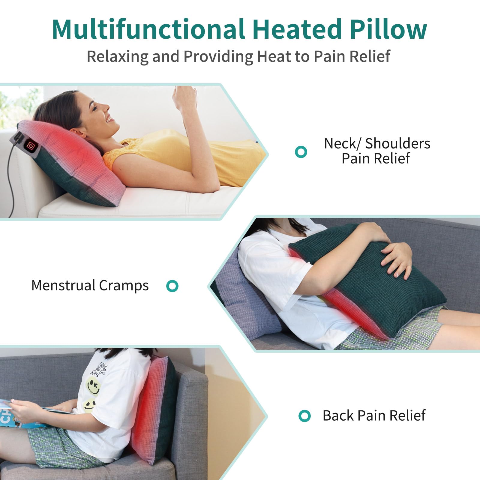 FirstE Heated Throw Pillow - 17.7 x 17.7 Inch Electric Heating Pad for Back Pain Relief, Menstrual Cramps & Muscle Relaxation - 3 Temperature Settings with 3-Hour Auto Shut Off - Plug in Therapeutic Pillow for Shoulder, Abdomen & Lumbar Support - Perfect for Home, Office & Car Use