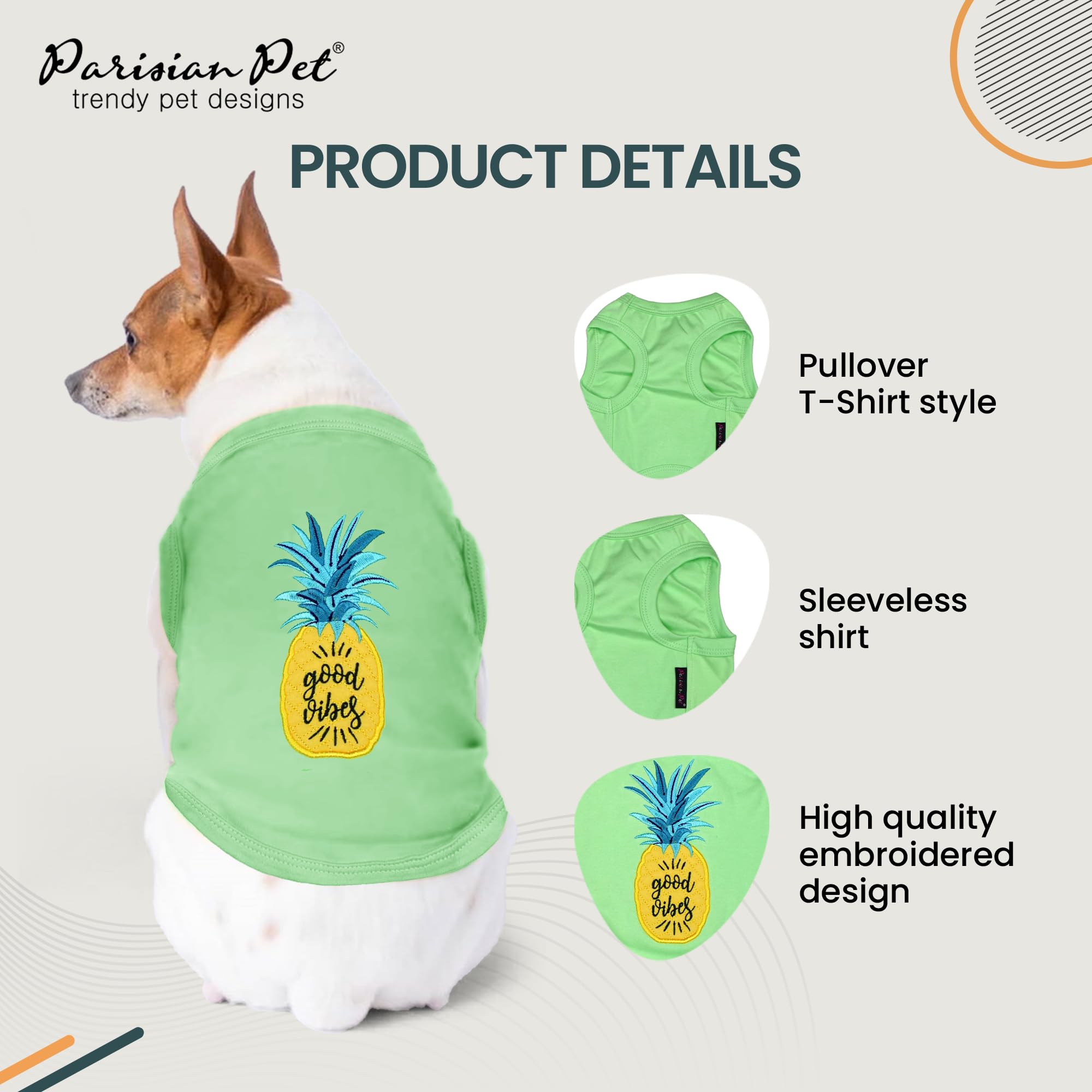 Parisian Pet Dog T-Shirt - Embroidered 'Good Vibes' Sleeveless Dog Tee - 100% Cotton Lightweight Pet Shirt for Small Dogs - Machine Washable Pet Vest (XS) - Perfect for Summer Walks & Photo Shoots