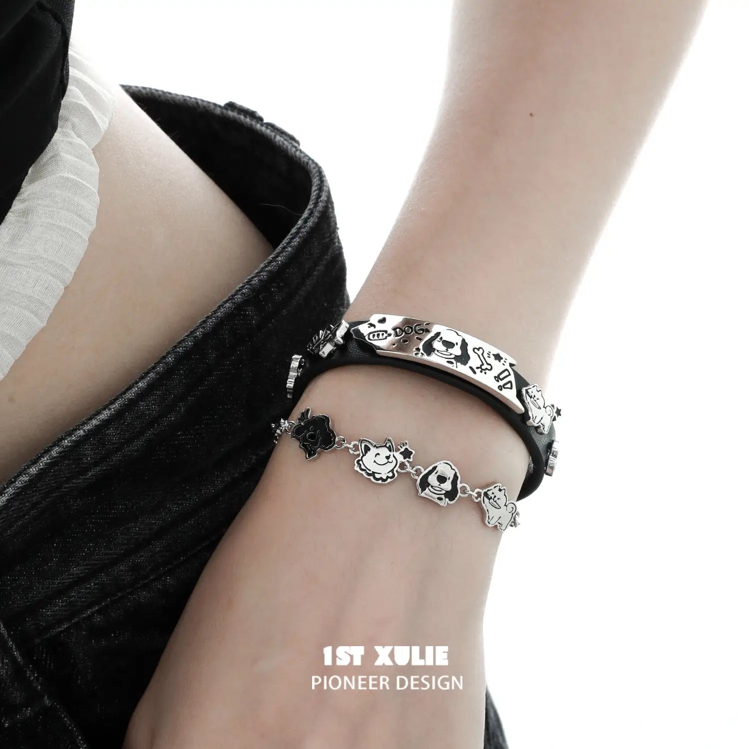 18K Platinum Plated Graffiti Puppy Leather Bracelet for Women & Men - Trendy Punk Rock Jewelry Gift for Birthday, Anniversary & Valentines Day - Perfect for Concerts, Parties & Streetwear Fashion