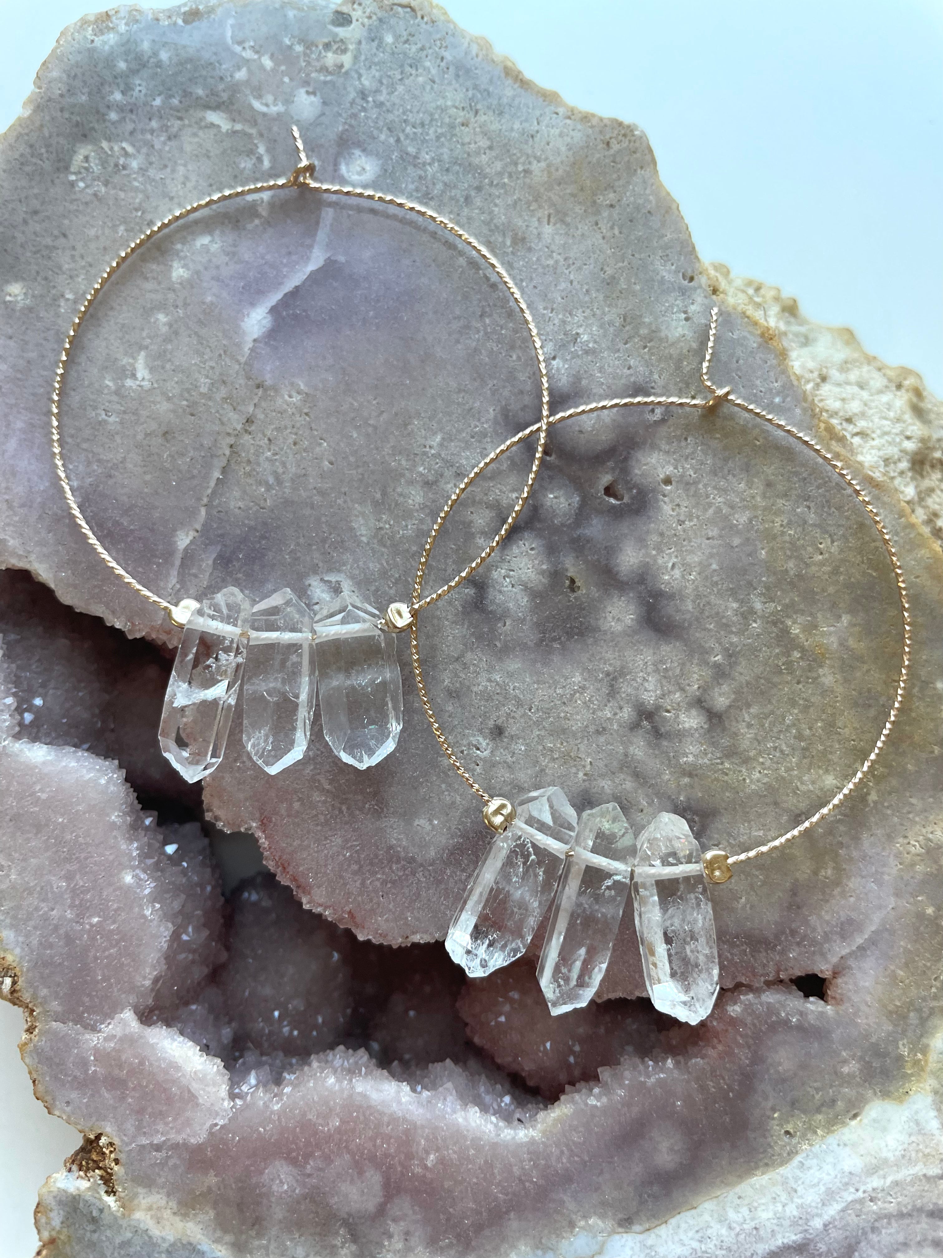 Stylish Thin Clear Quartz Boho Hoop Earrings - Minimalist Crystal Jewelry for Women - Perfect for Boho Chic, Festival, and Everyday Wear