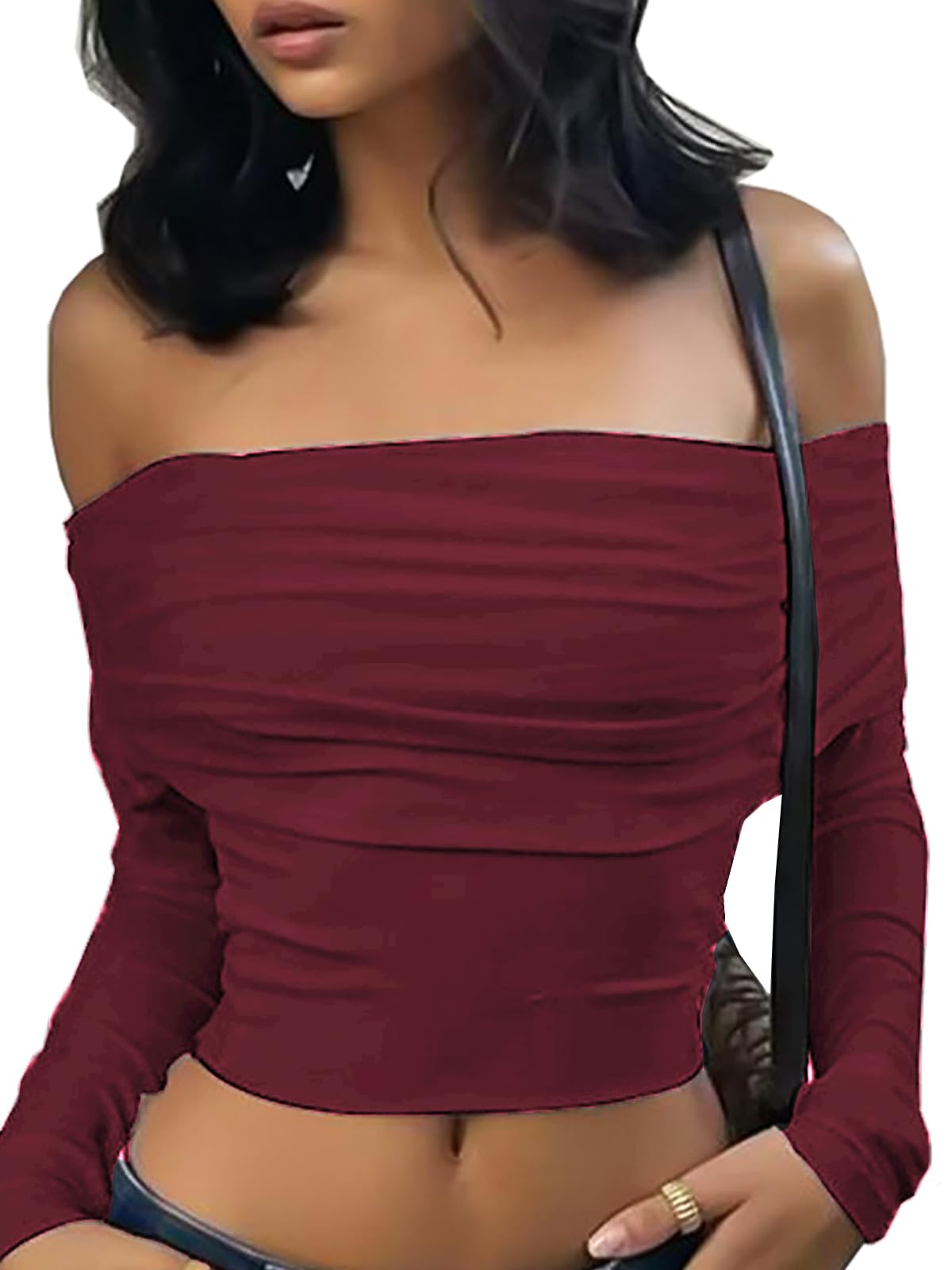 Xineicy Women's Off Shoulder Long Sleeve Crop Top - Y2K Vintage Cami Tank Top for Casual Wear, Night Out & Street Style Fashion