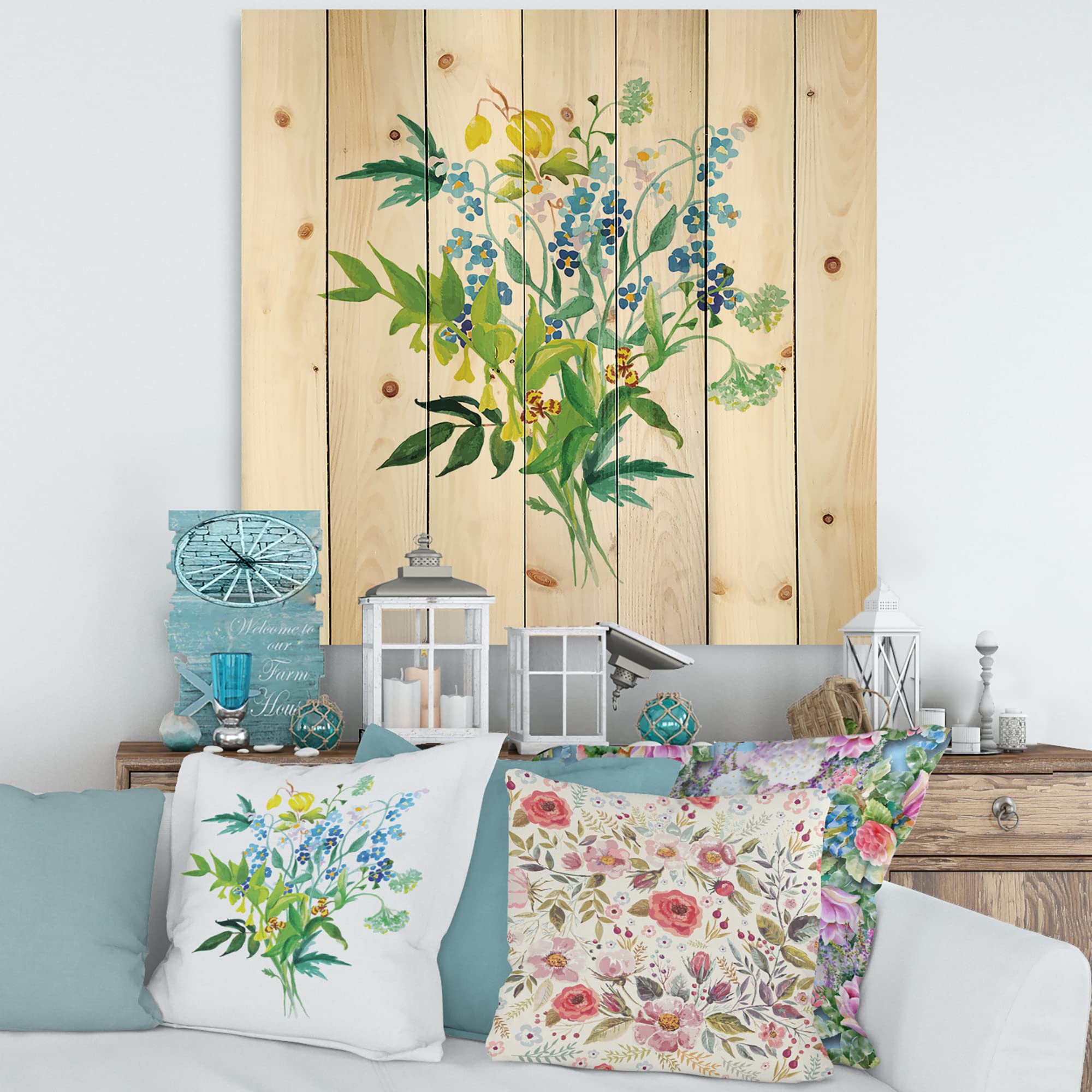 DesignQ Meadow Flowers Garland Farmhouse Wood Wall Decor - Green Floral Wood Wall Art Panels Printed on Natural Pine - Perfect for Living Room, Bedroom & Farmhouse Decor