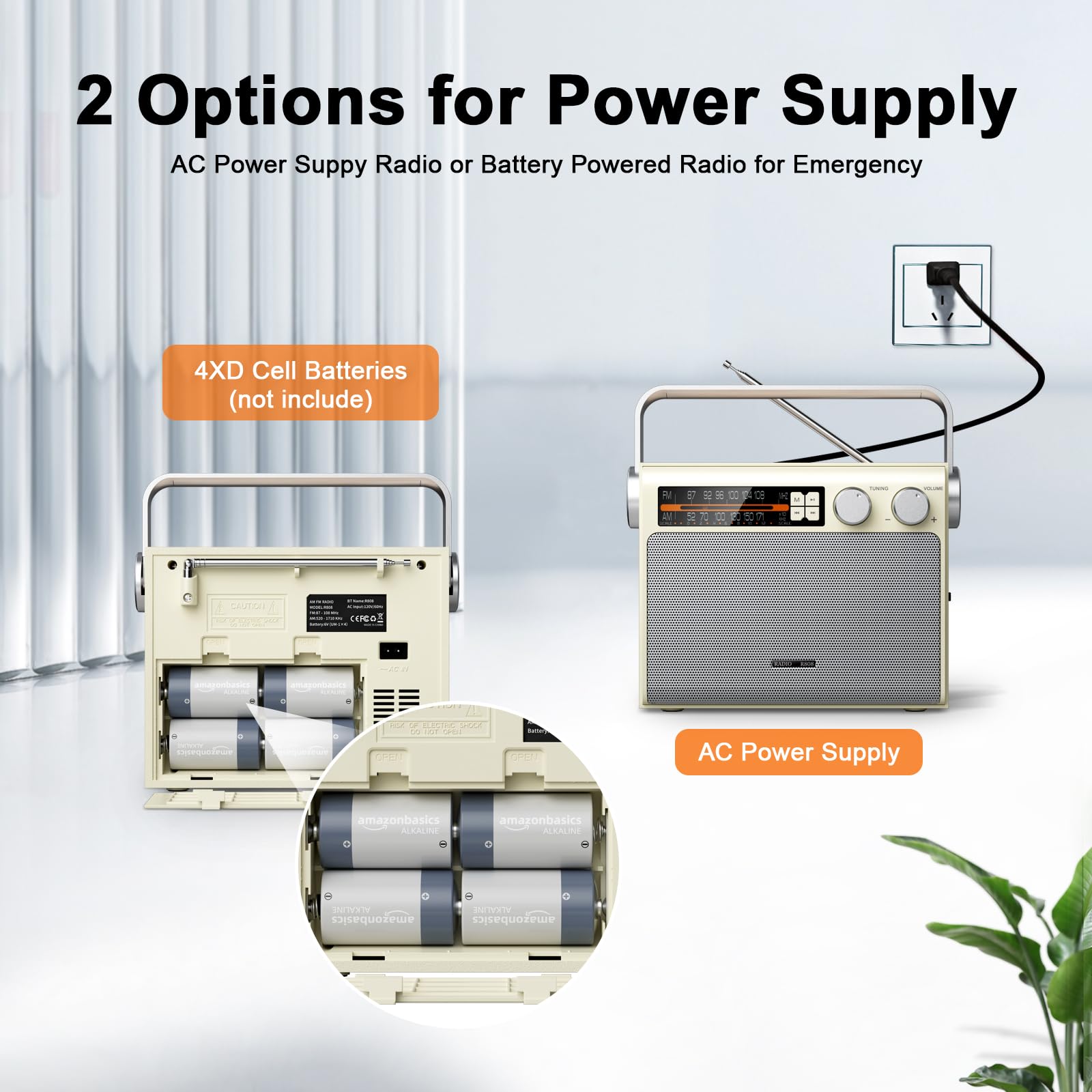 Portable AM FM Radio with Bluetooth - Best Reception, Battery or Wall Powered, Headphone Jack, USB, Aux Input, Big Speaker - Perfect for Home, Outdoor, Camping, Travel & Gifts