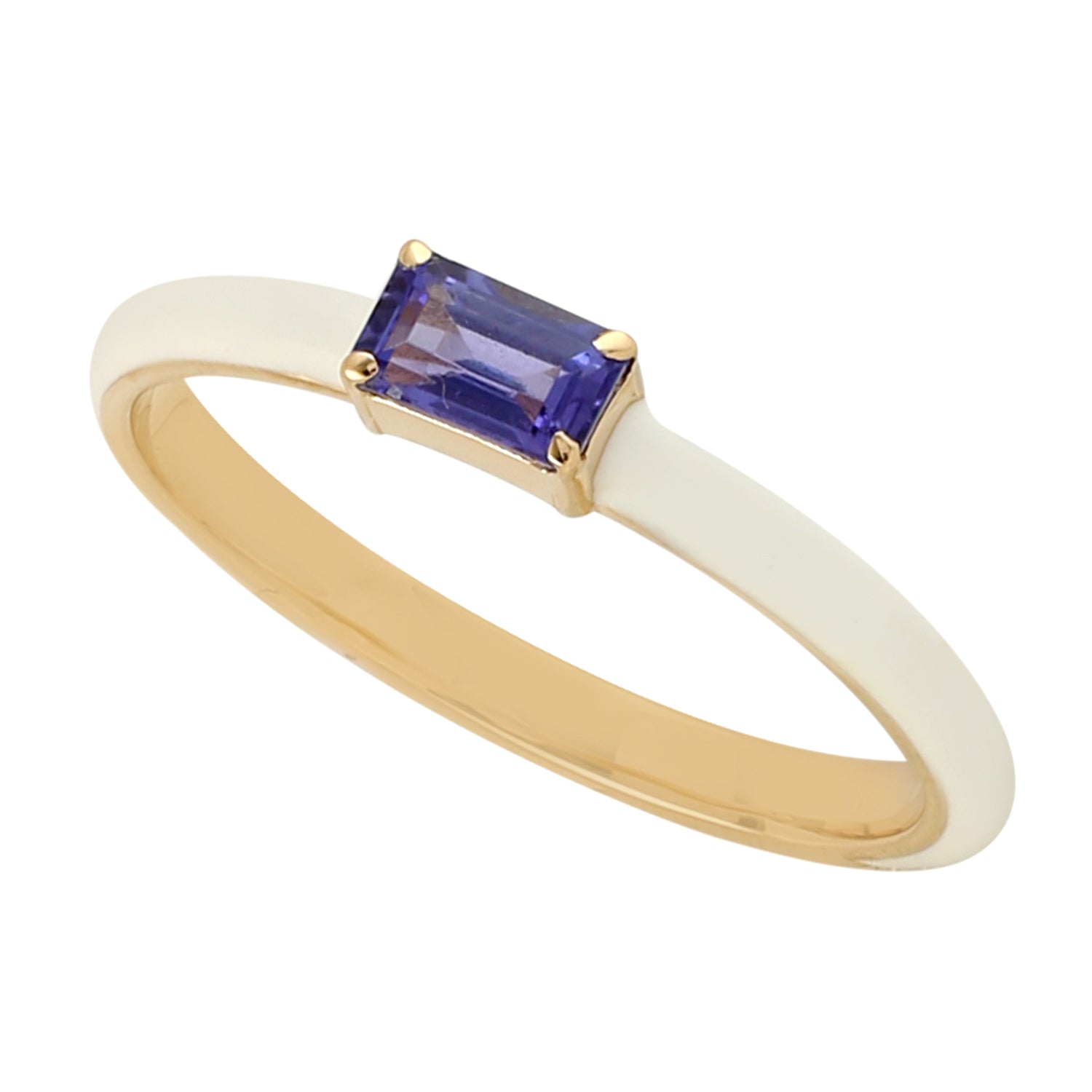 14K Yellow Gold Baguette Cut Tanzanite Gemstone White Enamel Band Ring for Women | Elegant Wedding, Engagement, Anniversary Jewelry Gift