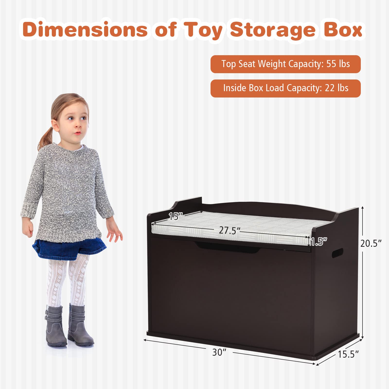 Costzon Modern Espresso Wooden Toy Chest with Bench Seat - Safe Finger-Pinch Prevention Lift-Top Storage Trunk for Kids' Bedroom, Playroom & Nursery - Multi-Functional Toy Organizer with Footrest for Entryway & Living Room