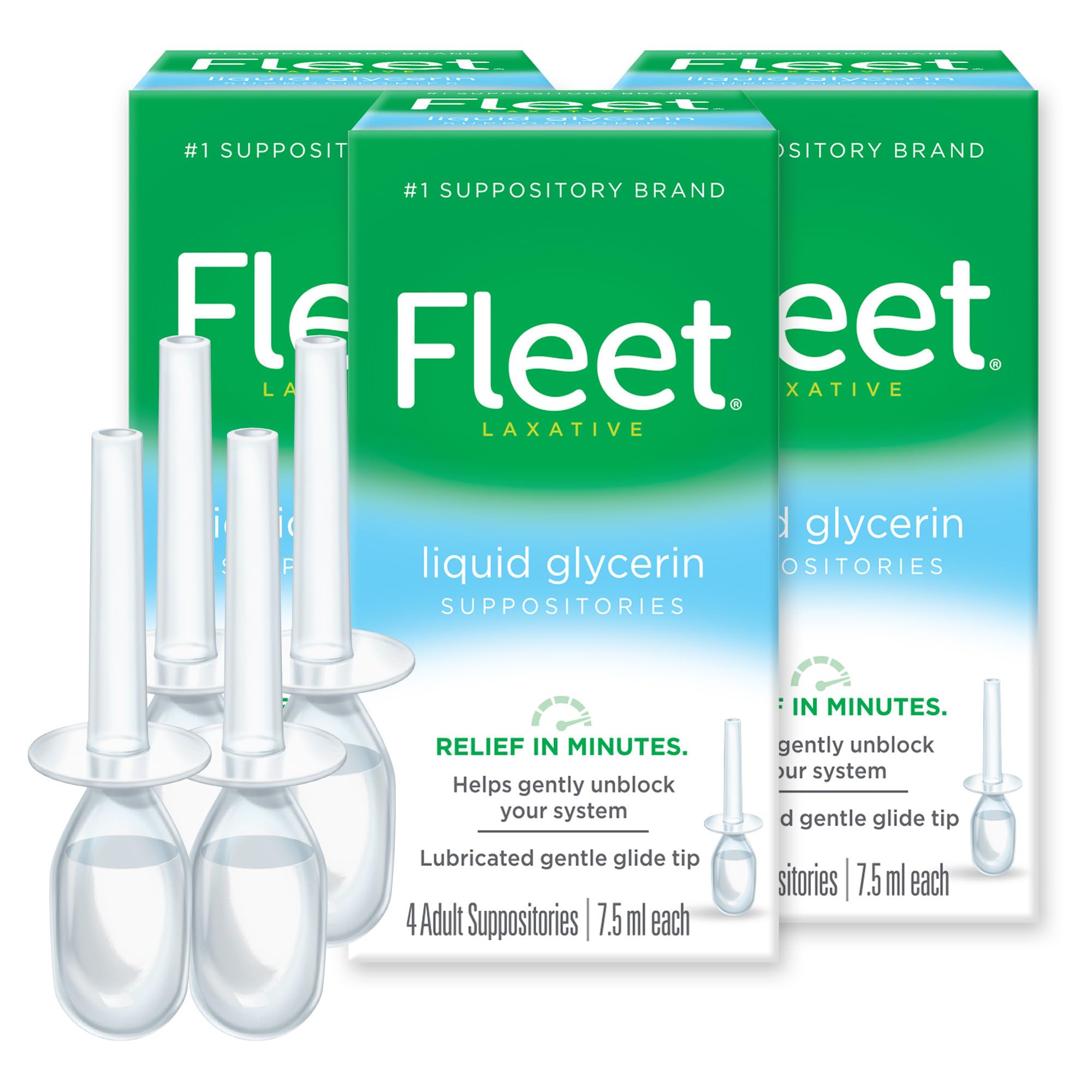 Fleet Liquid Glycerin Suppositories for Adults - Fast Constipation Relief, 7.5mL (4 Count, 3 Pack) - Gentle Laxative for Occasional Constipation, Travel & Post-Surgery Comfort
