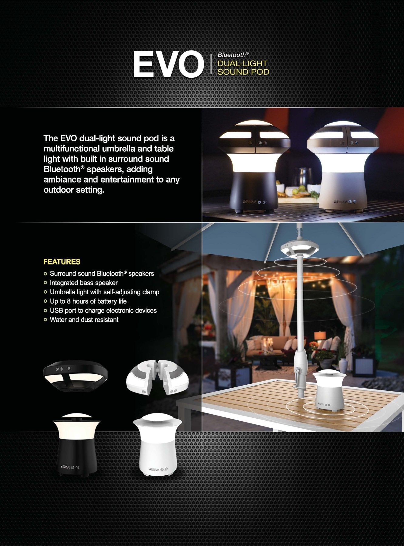 EVO Dual Light Sound Pod with Bluetooth® Speaker - Outdoor Bluetooth Speaker with LED Lights for Patio, Garden, and Pool Parties | Waterproof & Wireless | Treasure Garden