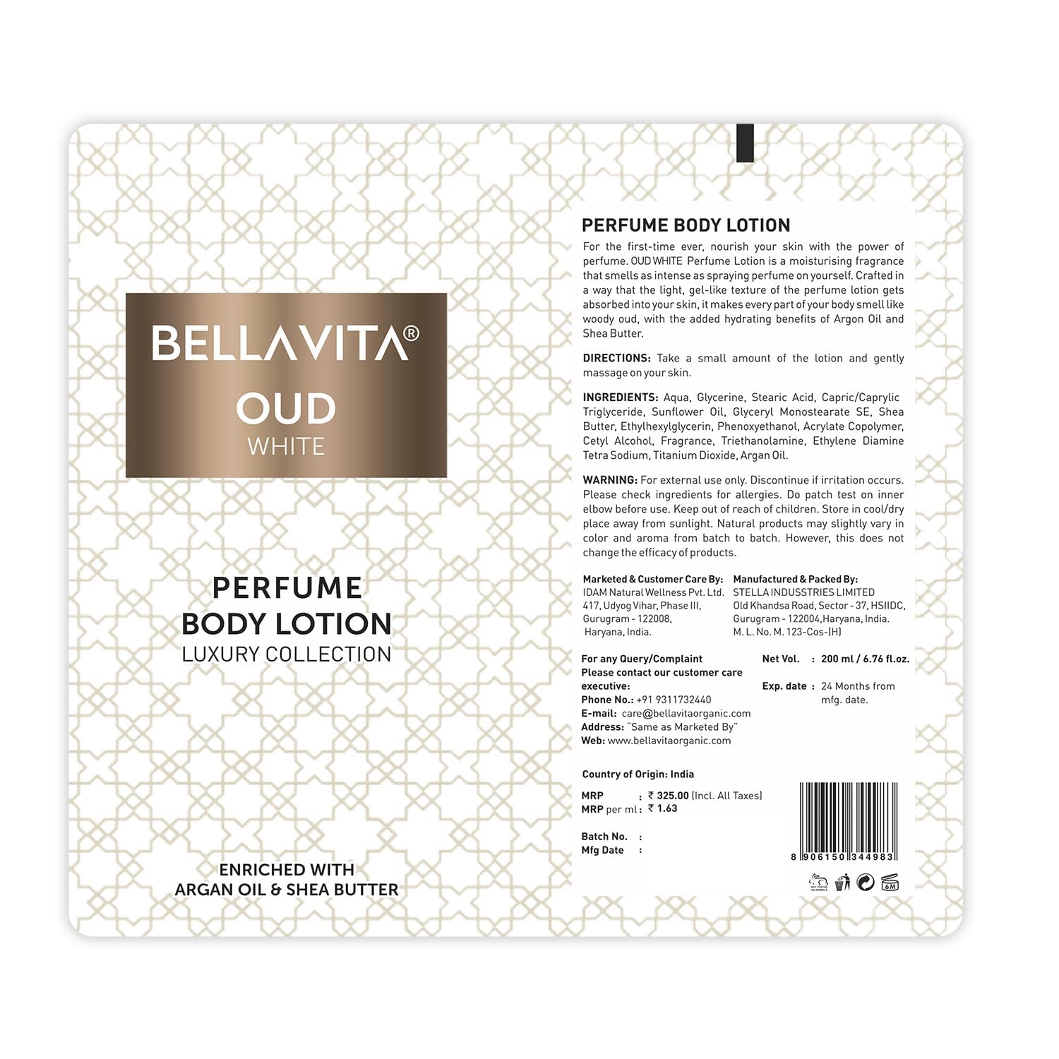 Bella Vita Luxury OUD WHITE Perfume Body Lotion - Nourishing & Hydrating with Argan Oil & Shea Butter (200ml) for Soft, Supple & Healthy Skin | Perfect for Daily Moisturizing & Aromatherapy