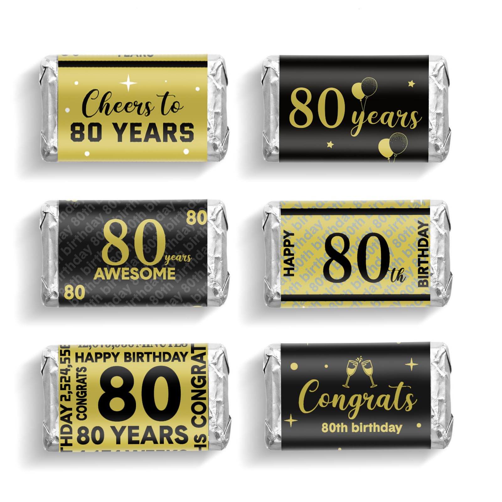 Tenare 90-Piece 80th Birthday Candy Bar Wrappers - Elegant Black & Gold Chocolate Decoration Labels for Anniversary & Birthday Party Supplies | Perfect for Milestone Celebrations, Retirement Parties & Golden Anniversary Decor