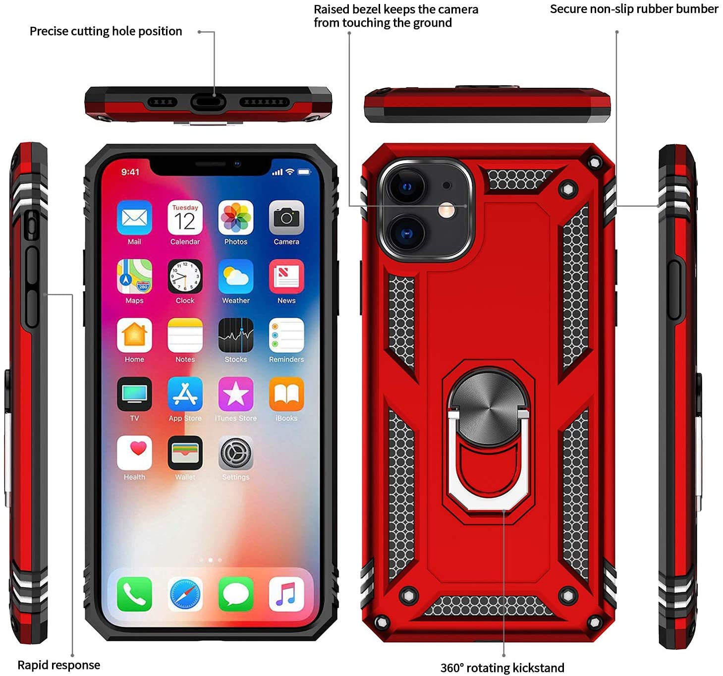 LeYi iPhone 11 Case for Women with Magnetic Ring Kickstand & 2 Pack Tempered Glass Screen Protectors - Military-Grade Armor Protection, Scarlet Red - Perfect for Work, Travel and Everyday Use