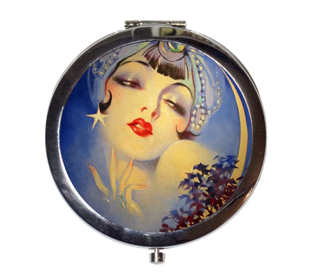 Vintage 1920s Flapper Gypsy Compact Mirror - Art Deco Crescent Moon Design for Makeup & Cosmetics | Perfect for Jazz Age Themed Parties, Costumes, and Retro Vanity Collections