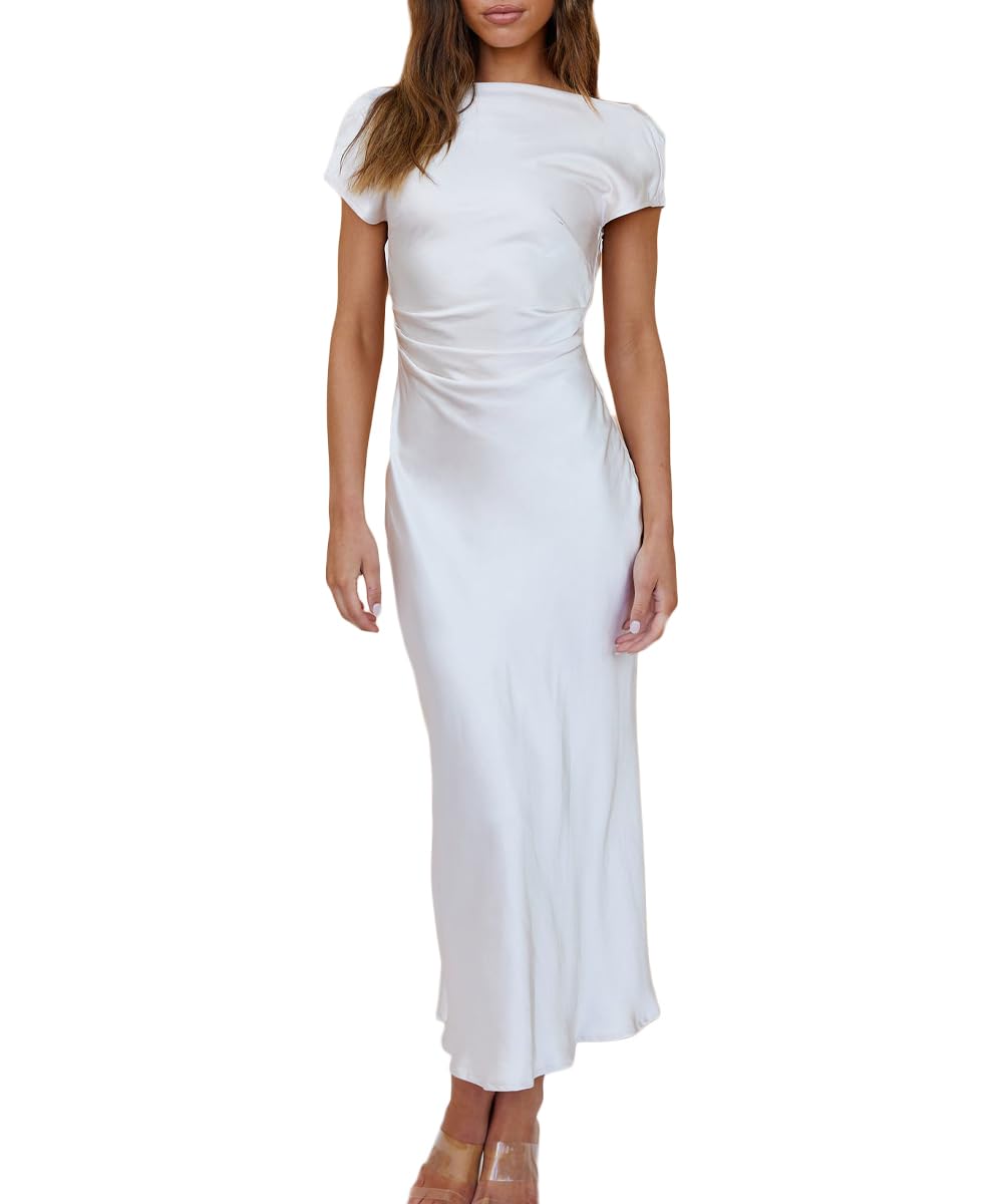 2025 Women's Satin Cap Sleeve Cowl Back Summer Dress - Elegant Ruched Waist Midi Dress for Wedding Guest, Party & Special Occasions