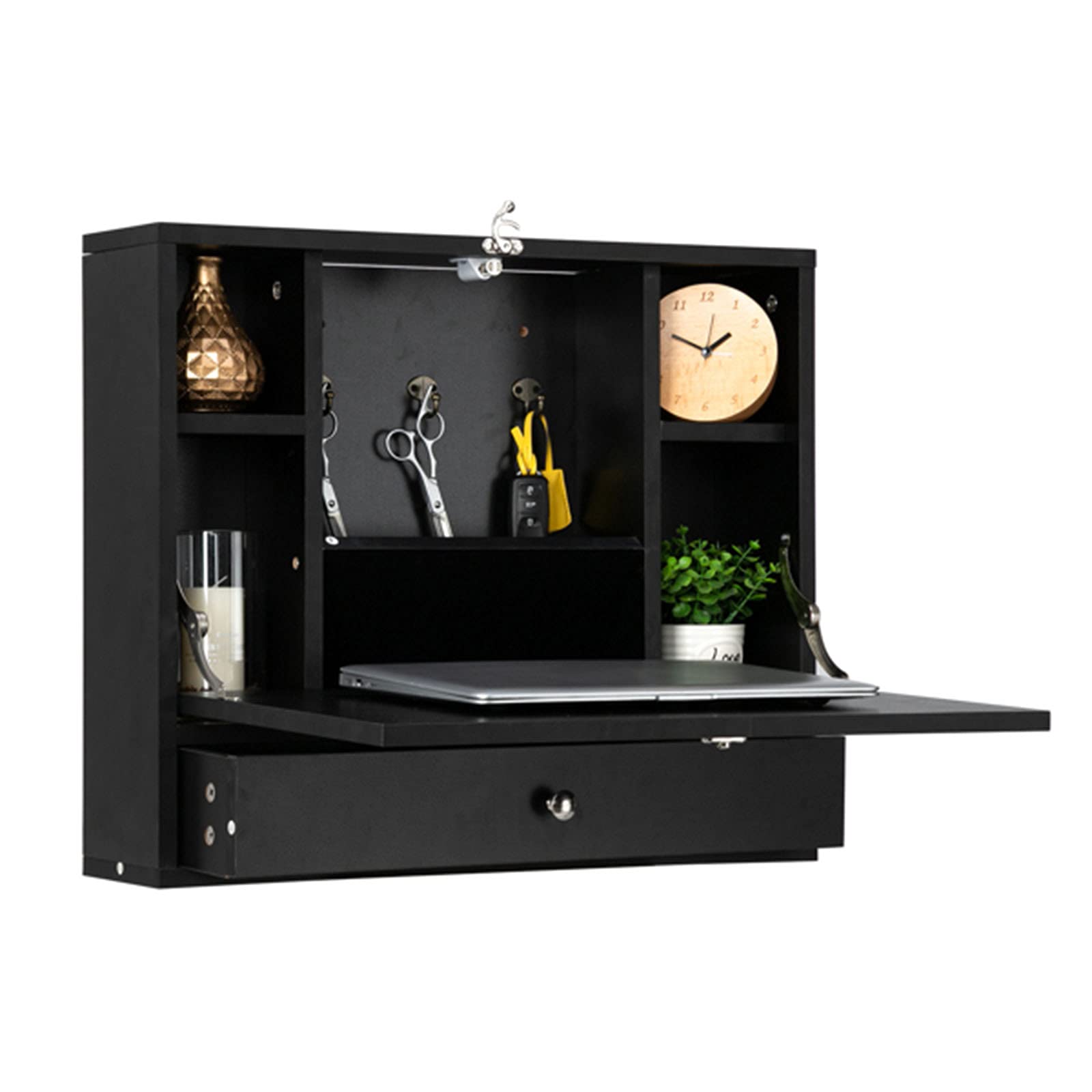 Wall-Mounted Floating Desk with Storage - Foldable Wooden Study Writing Desk for Home Office - Space Saving Laptop Workstation for Living Room & Bedroom (Black, 23.6