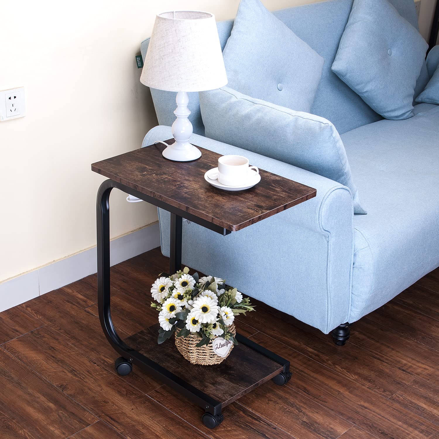 **Rolling C-Shaped End Table with Wheels - Sturdy Wood & Large Steel Tube Frame - Sofa Snack Table, Coffee Tray Stand - Perfect for Living Room, Bedroom & Office (Brown)**