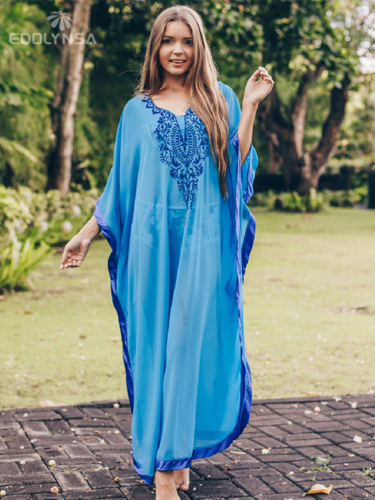 Blue Bohemian Embroidered Batwing Sleeve Side Split Summer Beach Dress - Flowy Chiffon Tunic for Women Plus Size | Perfect for Beach Vacations, Pool Parties & Boho Fashion Outfits