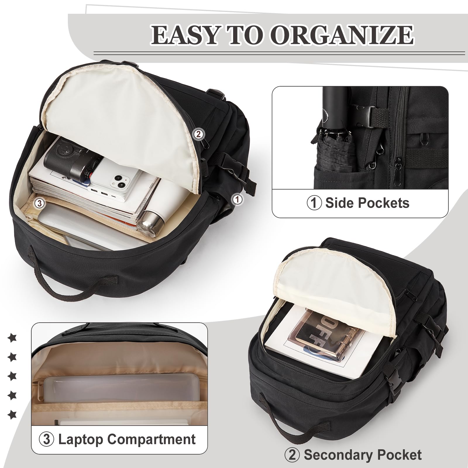 SEAFEW Lightweight Water Resistant Laptop Backpack for College, High School Students - Durable Book Bag for Men & Women, Perfect for Travel, Work & Daily Use - Black (G1) - Ideal for Commuting, Campus Life & Business Trips