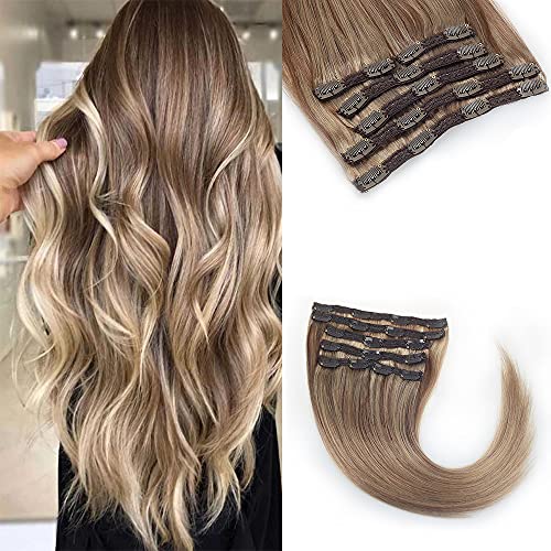 VINBAO 18 Inch Clip in Human Hair Extensions 6pcs 120g - Remy Human Hair Balayage Ash Brown to Caramel Blonde (#10/16/16) for Women - Perfect for Parties, Weddings & Daily Styling