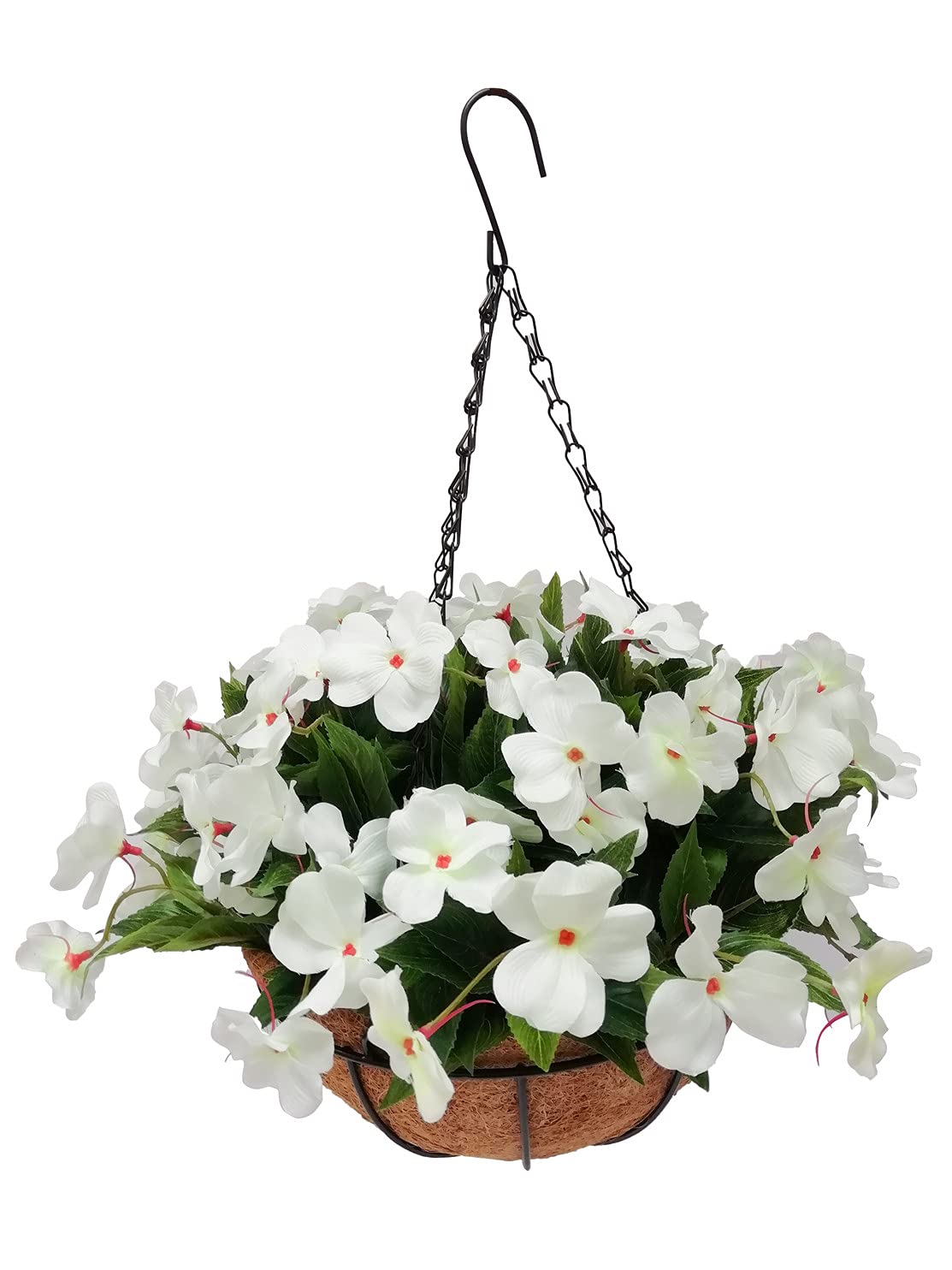 10 Inch Artificial Hanging Flowers with Basket - Fake Impatiens Balsamina Flowers in Coconut Lining for Indoor & Outdoor Decor (White) - Perfect for Porch, Patio, Garden, and Home Decoration