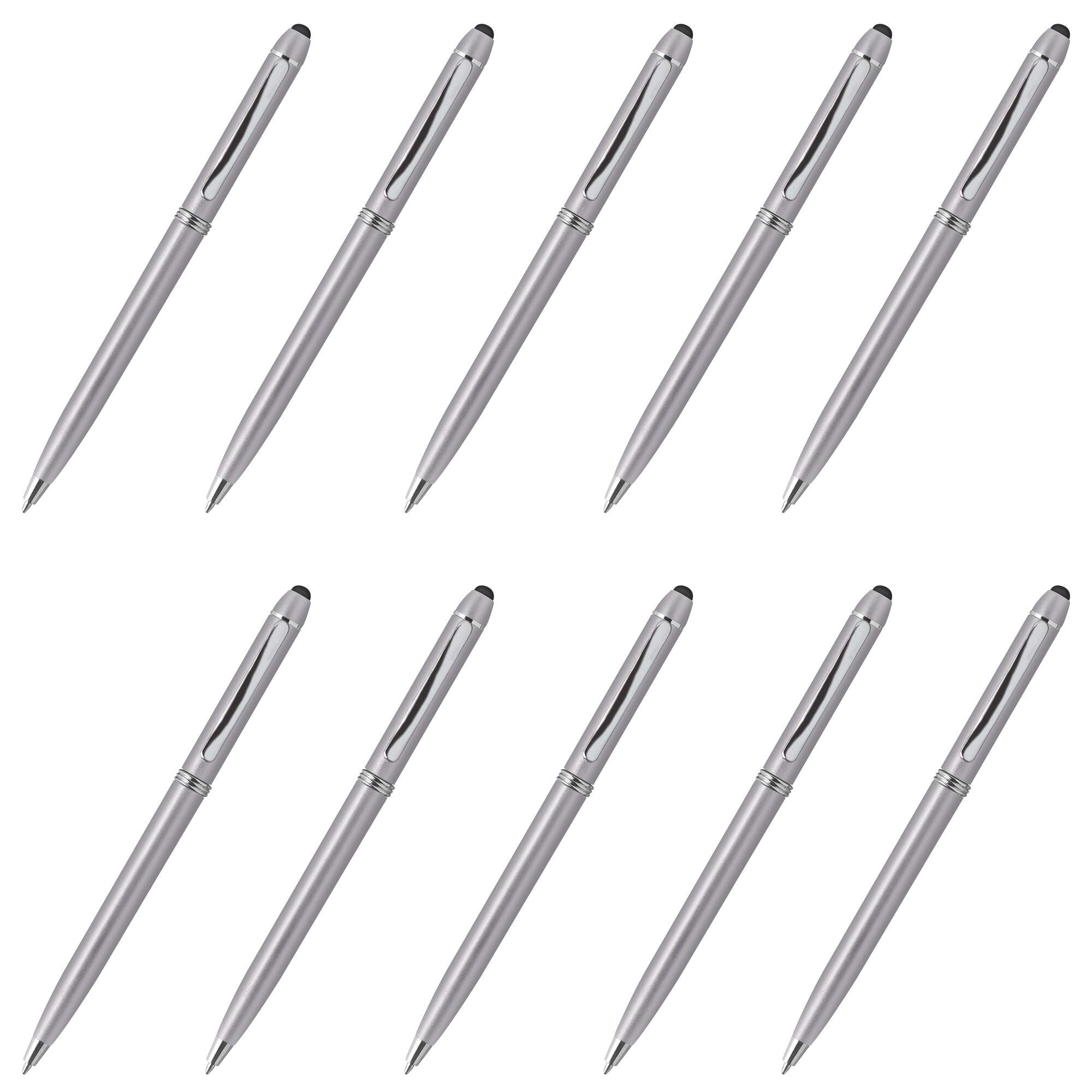 10 Pack Twist Action Plastic Stylus Pens with Metallic Barrel & Black Ink - Silver Color for Touch Screens, Tablets, Smartphones, Drawing & Note Taking