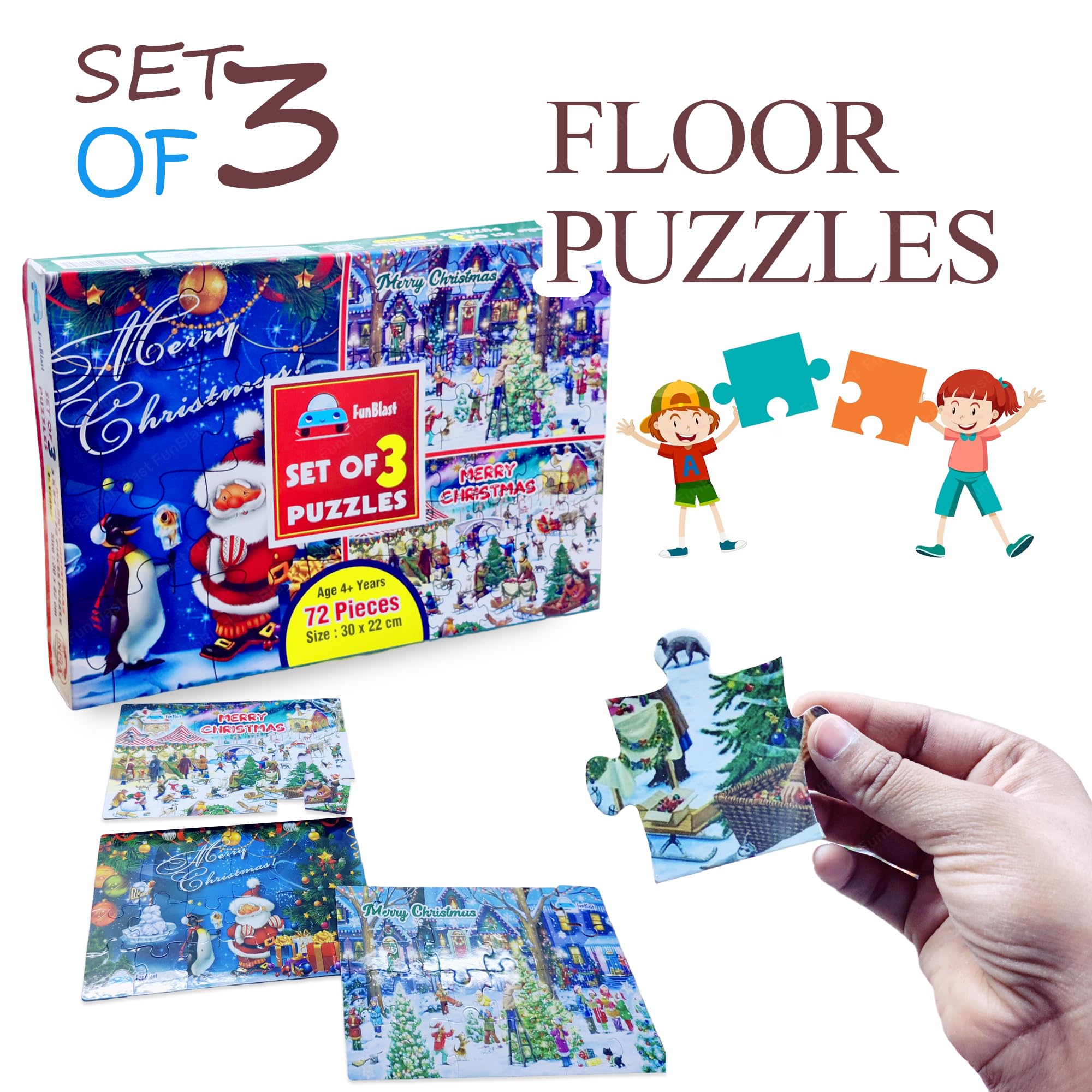 FunBlast Kids Jigsaw Puzzles Set of 3 - 72 Piece Educational Floor Puzzles for Boys & Girls Ages 3+ (30x22cm, Multicolor) | Christmas Gift, Learning Toys & Family Game Night Activities