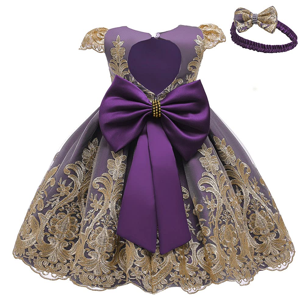 Toddler Baby Girls Tutu Dress - Sleeveless Embroidery Backless Formal Princess Dress with Big Bowknot & Lace Headwear for Birthday Party, Photo Shoot & Special Occasions