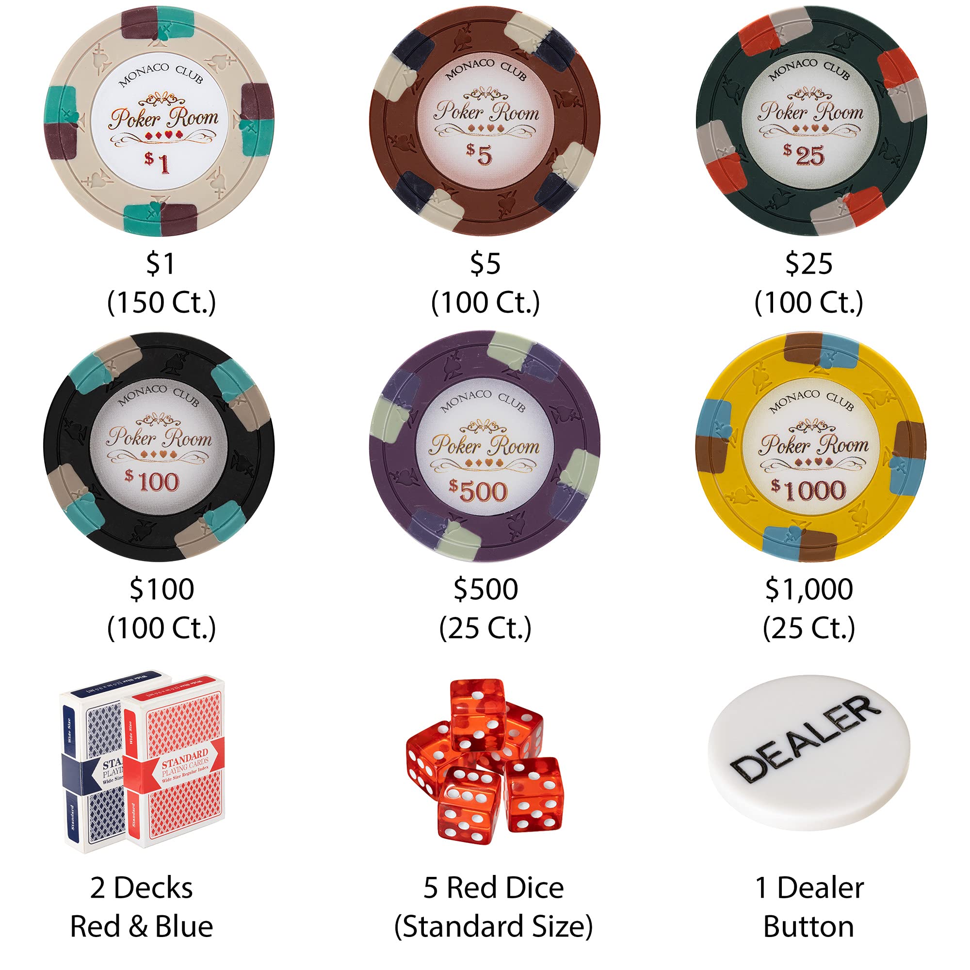 Monaco Club 500-Piece Poker Chips Set with 13.5g Clay Composite Chips, Playing Cards & Dealer Button in Aluminum Case – Professional Casino Supplies for Texas Hold'em, Blackjack & Home Game Nights