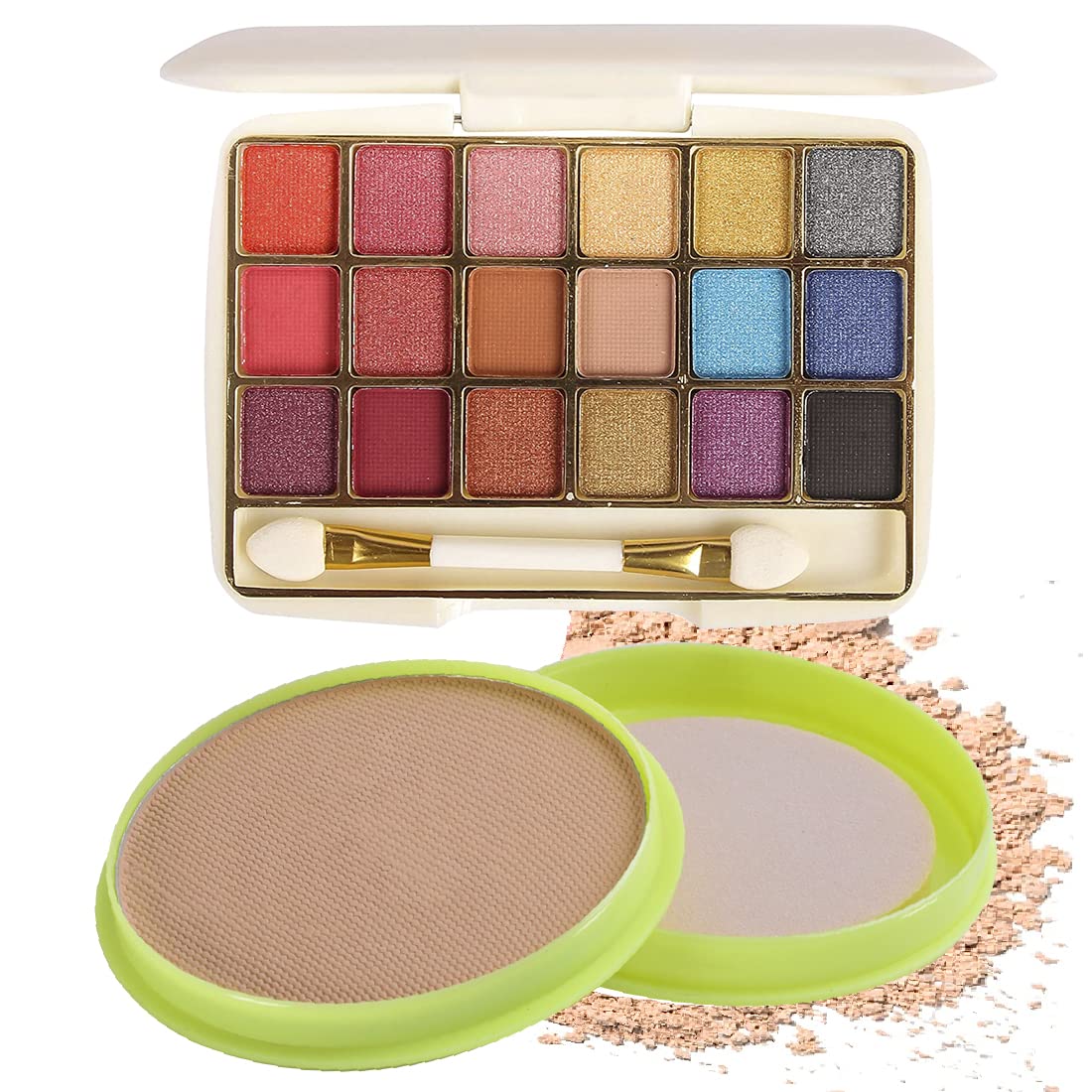 Adbeni 18-Color Mini Eyeshadow Palette & Green Tea Natural Pressed Powder - Vegan, Cruelty-Free Makeup Set (Pack of 2) for Everyday Wear, Travel & Professional Makeup Looks