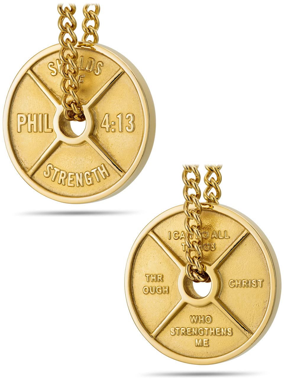 Shields of Strength Men's Stainless Steel or Gold Plated Weight Plate Necklace with Philippians 4:13 Bible Verse - Inspirational Fitness Jewelry for Weightlifters & Gym Enthusiasts - Perfect Workout Motivation & Everyday Wear