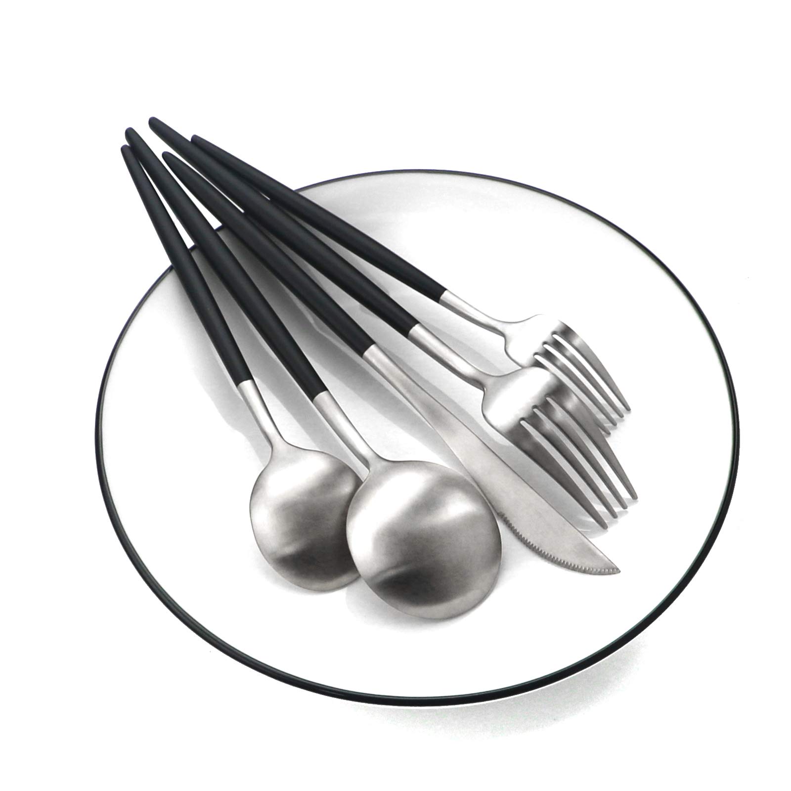 Premium 20-Piece Matte Black Flatware Set - 18/10 Stainless Steel Cutlery with Black Handles (Forks, Spoons, Knives) - Elegant Dinnerware for 4 People - Perfect for Home Dining, Camping & Travel Utensils (Black/Silver)