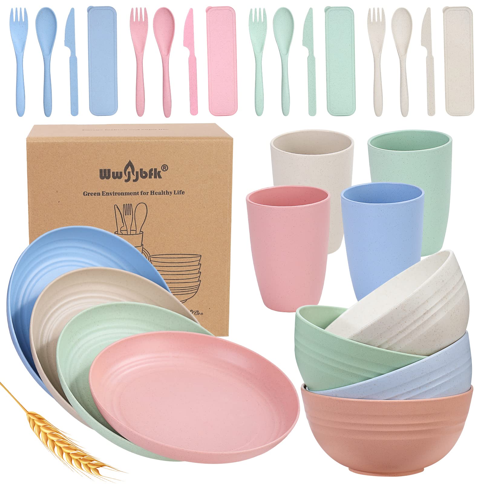 Eco-Friendly Wheat Straw Dinnerware Set for 4 - 28-Piece Microwave Safe Plates, Bowls & Cutlery | Colorful BPA-Free Kitchen Dishes for College Dorm, Camping & Sustainable Home Dining