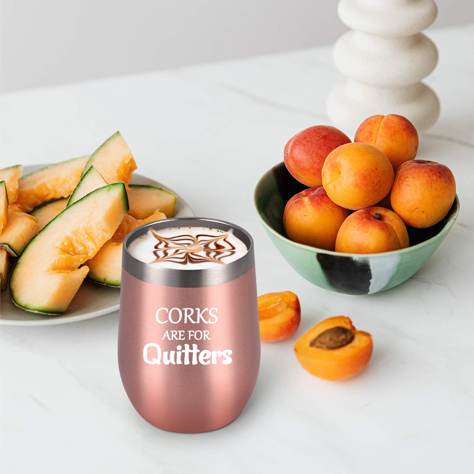 Stainless Steel Wine Tumbler with Lid - 12oz Rose Gold Insulated Stemless Cup for Women | Unique Birthday & Christmas Gift for Wine Lovers | Perfect for Parties, Picnics & Home Entertaining