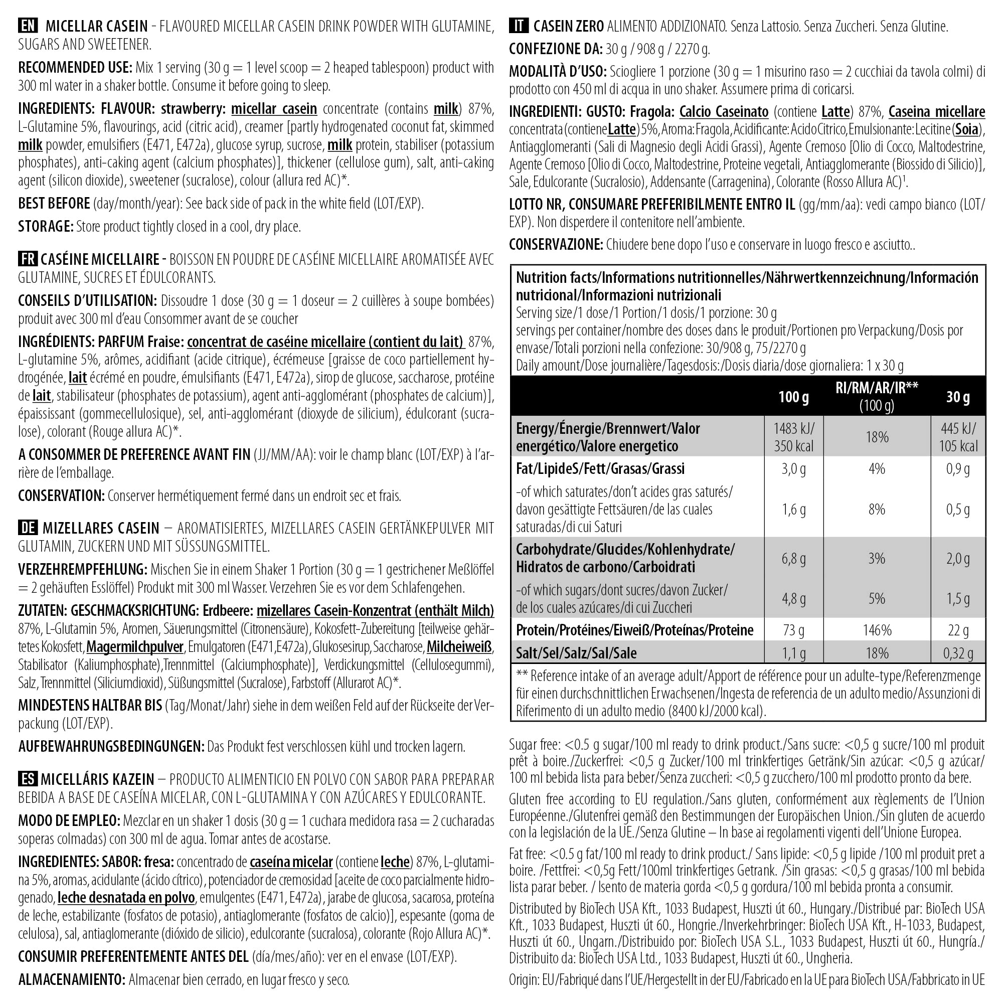 BioTechUSA Micellar Casein Protein Powder - Strawberry Flavor, 80.1 oz (2270g) | Slow-Digesting Protein for Muscle Recovery & Overnight Support | Ideal for Post-Workout, Bedtime & Meal Replacement