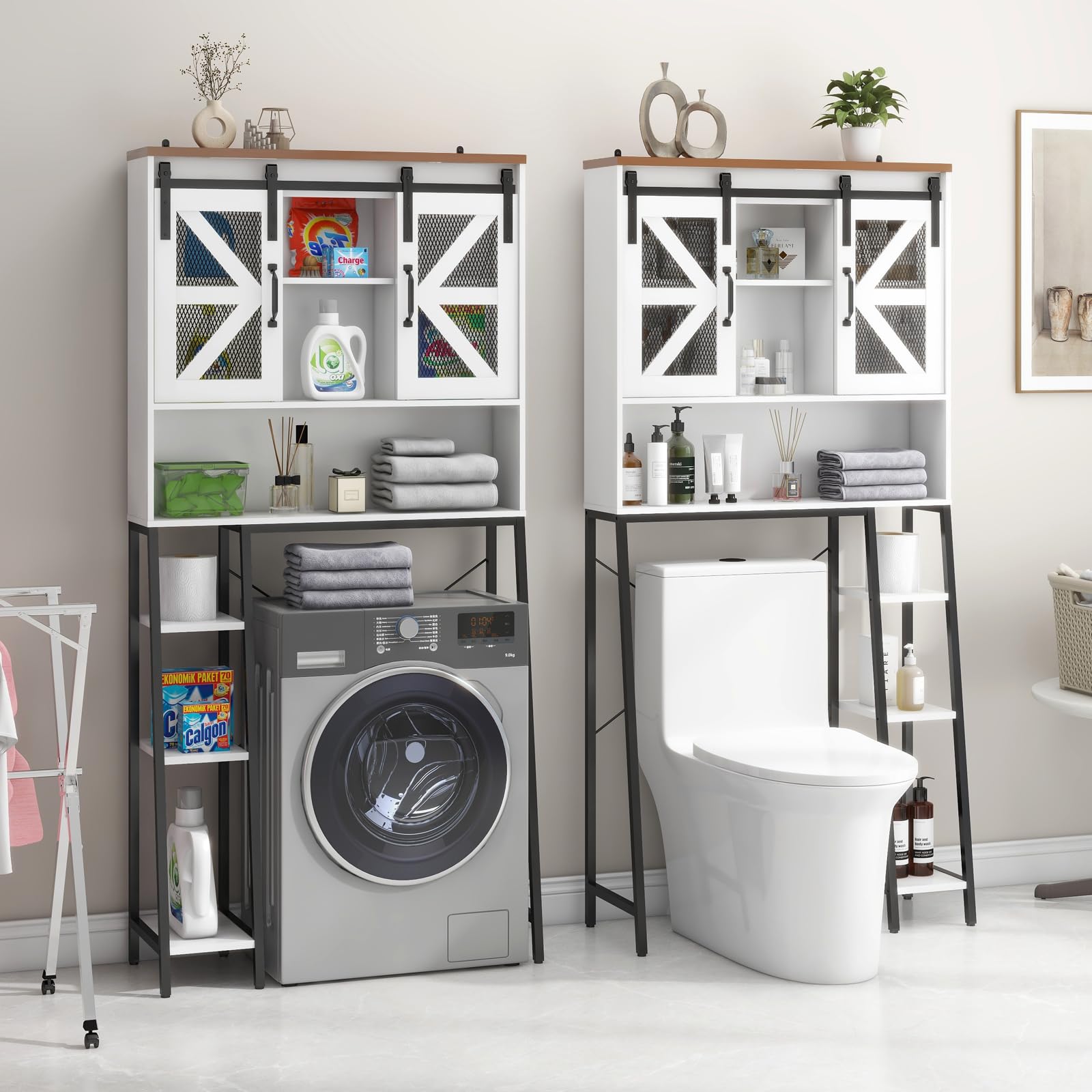 Farmhouse Over The Toilet Storage Cabinet with Sliding Barn Door - Space Saving Bathroom Organizer for Toiletries, Towels & Laundry - Perfect for Small Bathrooms, Restrooms & Powder Rooms