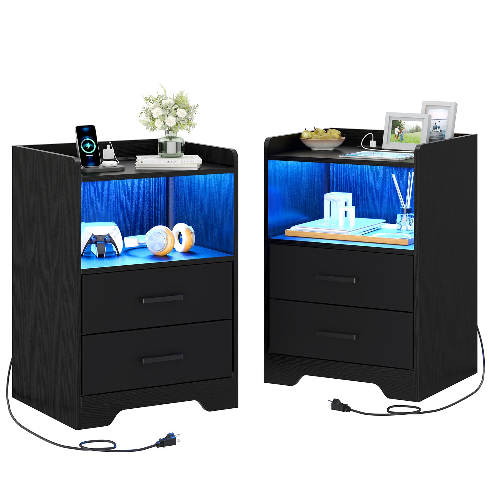 Hasuit Modern Night Stand Set of 2 with LED Lights & USB Charging Station, Black Bedside End Tables with 2 Fabric Storage Drawers for Bedroom - Perfect for Small Spaces, Apartment Living & Guest Room Decor
