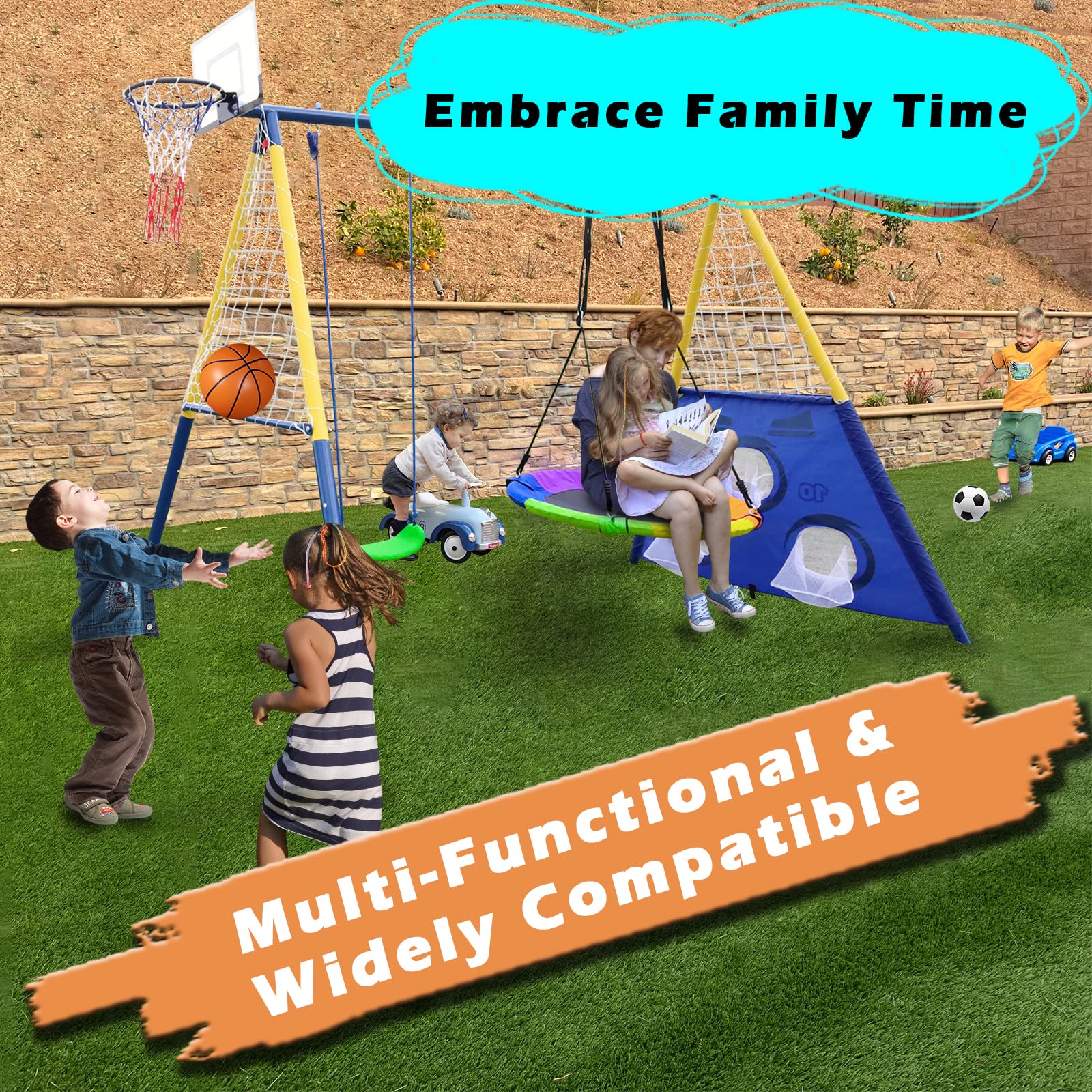 440lbs Heavy Duty 2-Seat Outdoor Swing Set for Kids - A-Frame Metal Stand with Saucer Swing, Belt Swing, Basketball Hoop & Soccer Goal - Perfect for Backyard, Park & Playground Fun