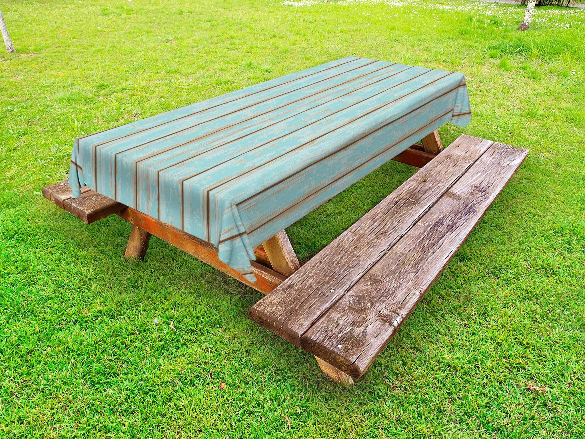Lunarable Vintage Wood Print Outdoor Tablecloth - Rustic Weathered Planks Design for Summer Cottage, Beach & Coastal Decor - Washable Picnic Table Cover 58