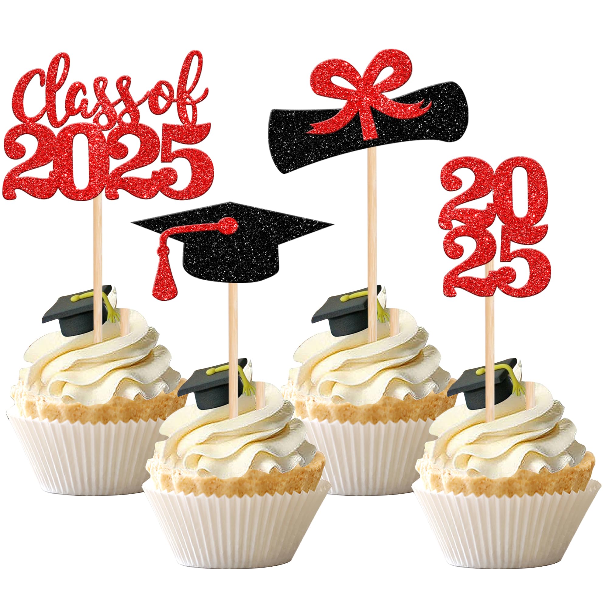 36 PCS 2025 Graduation Cupcake Toppers - Glitter Class of 2025 Caps & Diplomas Cake Decorations for Graduation Party Supplies (Red) - Perfect for Graduation Cakes, Cupcakes, and Dessert Tables