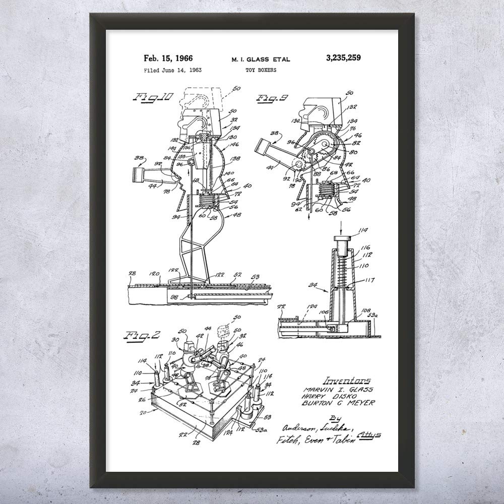 Boxing Robots Patent Framed Print (11x14) - Vintage Boxing Toy Art for Collectors, Unique Boxer Gift for Men, Retro Sports Decor - Perfect for Man Cave, Game Room & Toy Store Displays